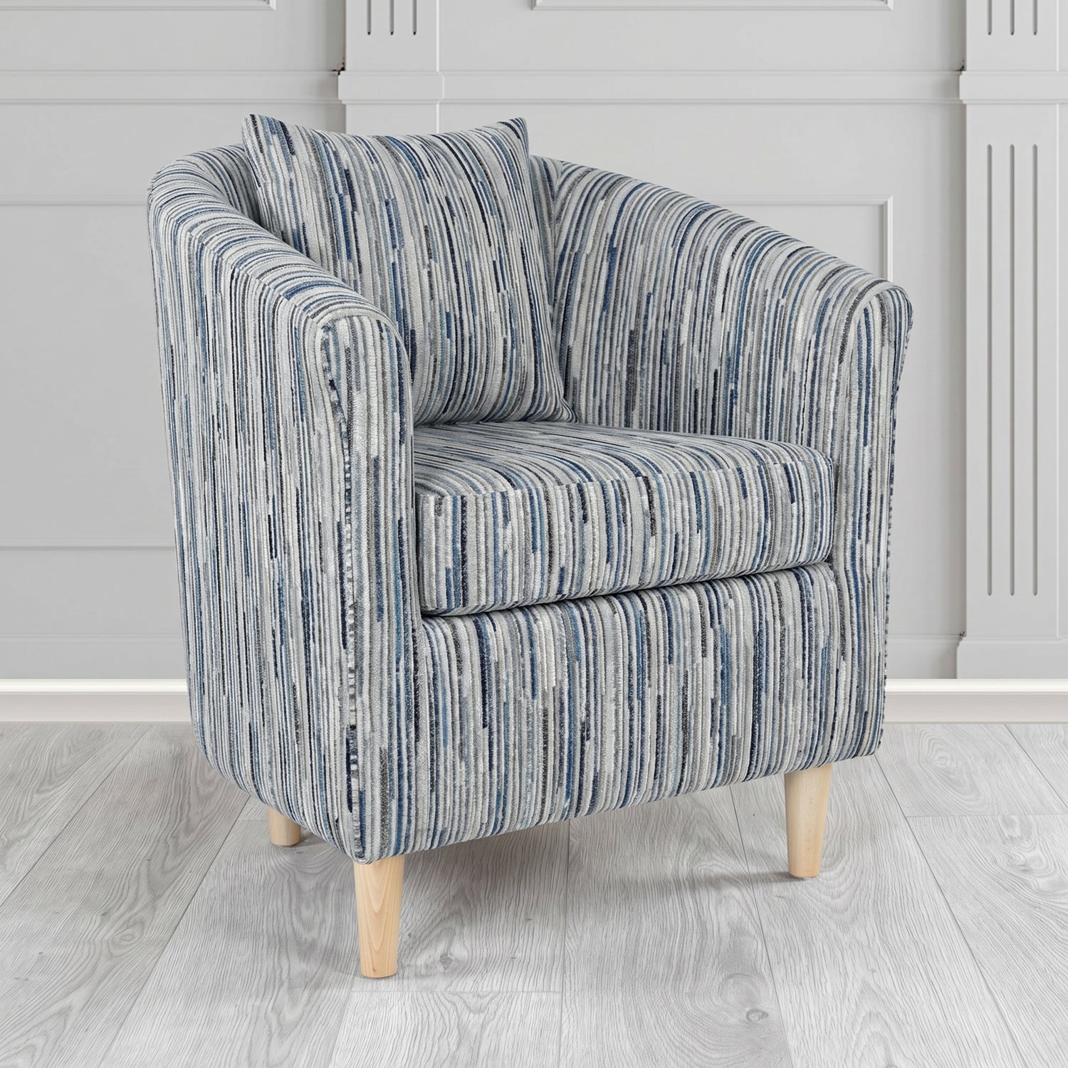 St Tropez Tub Chair in Cristina Marrone Extravaganza Stripe Fabric with Scatter Cushion