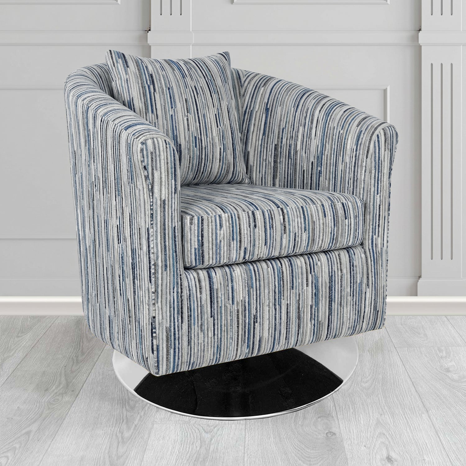 St Tropez Swivel Tub Chair in Cristina Marrone Extravaganza Stripe Fabric with Scatter Cushion