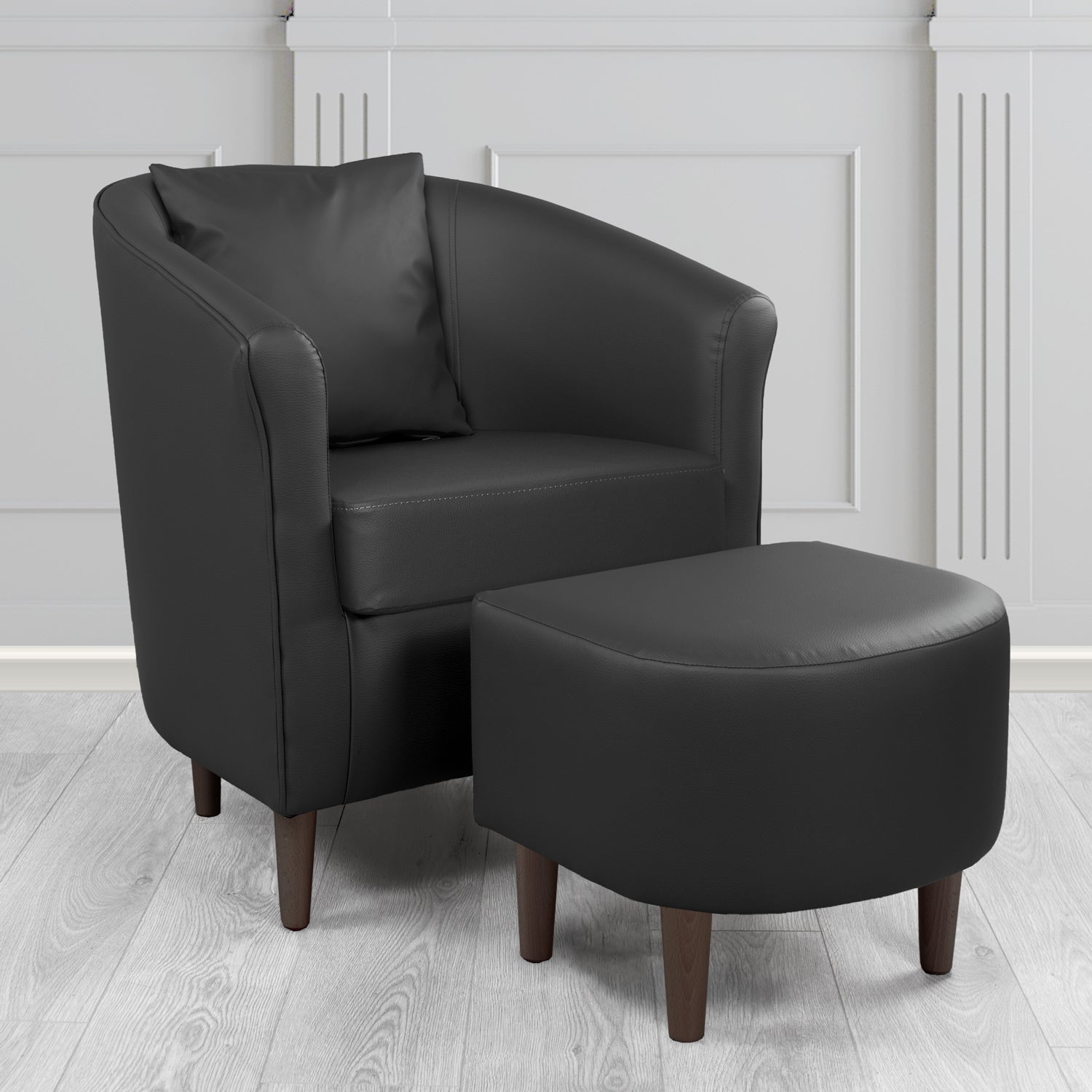 St Tropez Tub Chair with Footstool Set in Madrid Black Faux Leather - The Tub Chair Shop