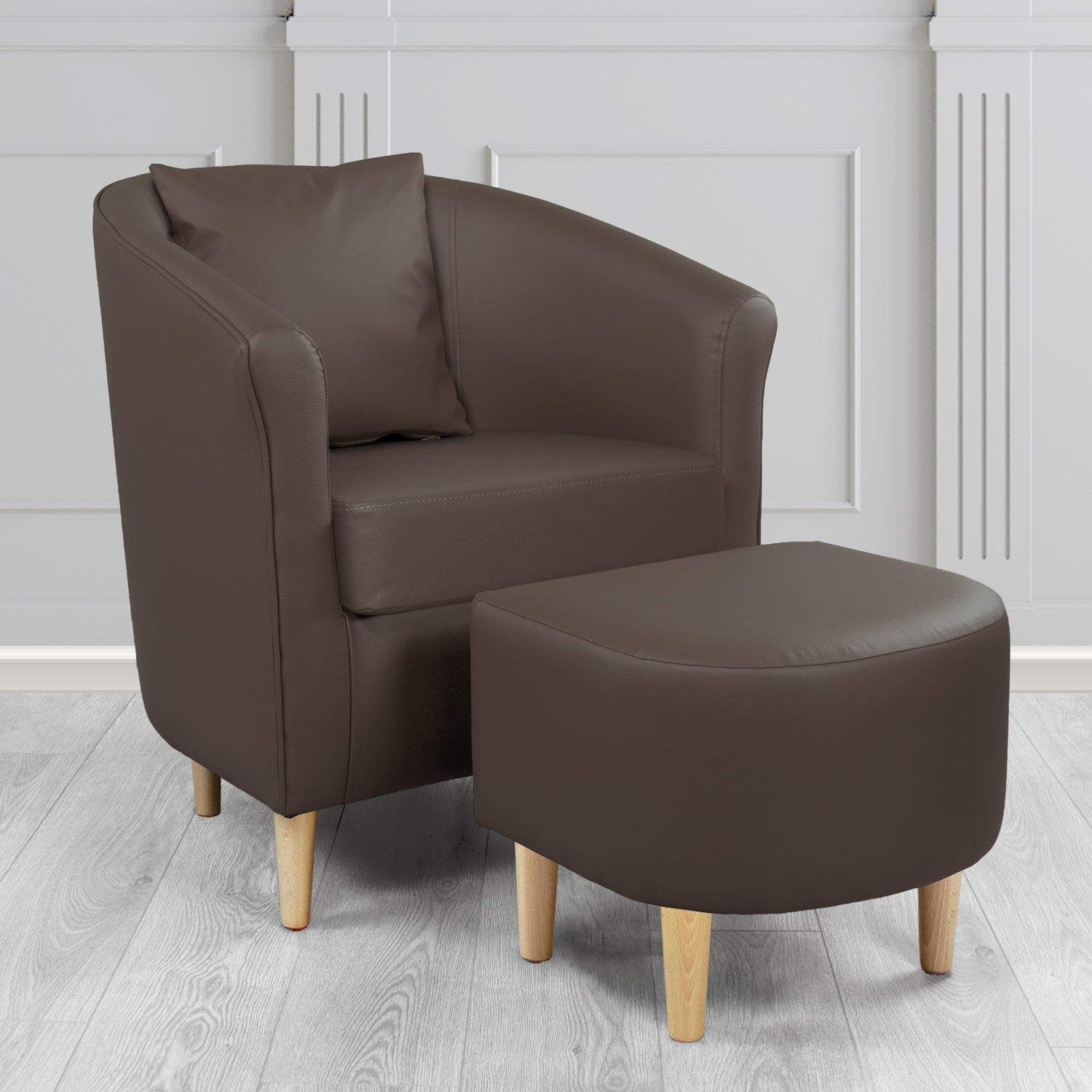 St Tropez Tub Chair with Footstool Set in Madrid Chocolate Faux Leather - The Tub Chair Shop