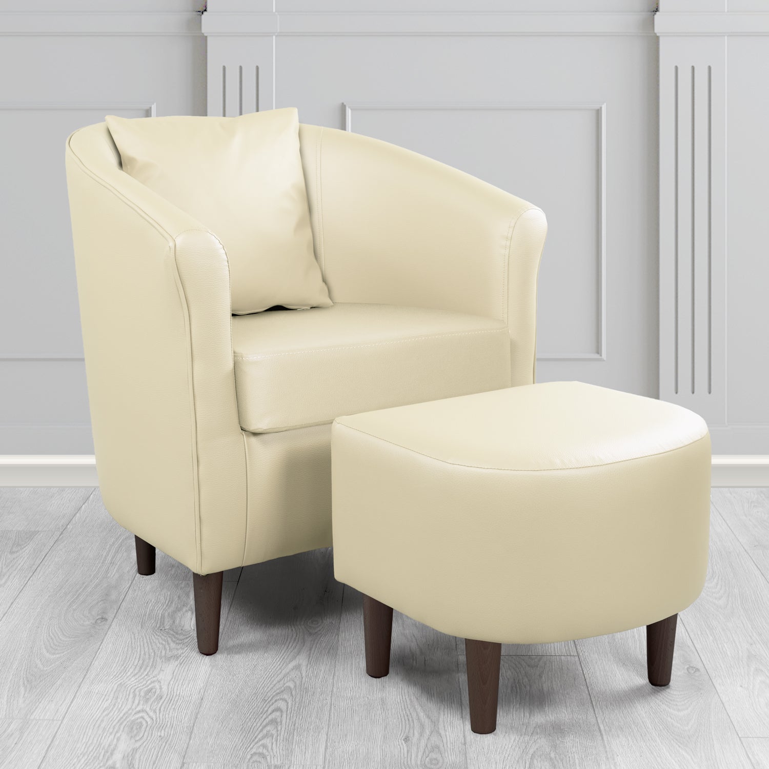St Tropez Tub Chair with Footstool Set in Madrid Cream Faux Leather - The Tub Chair Shop