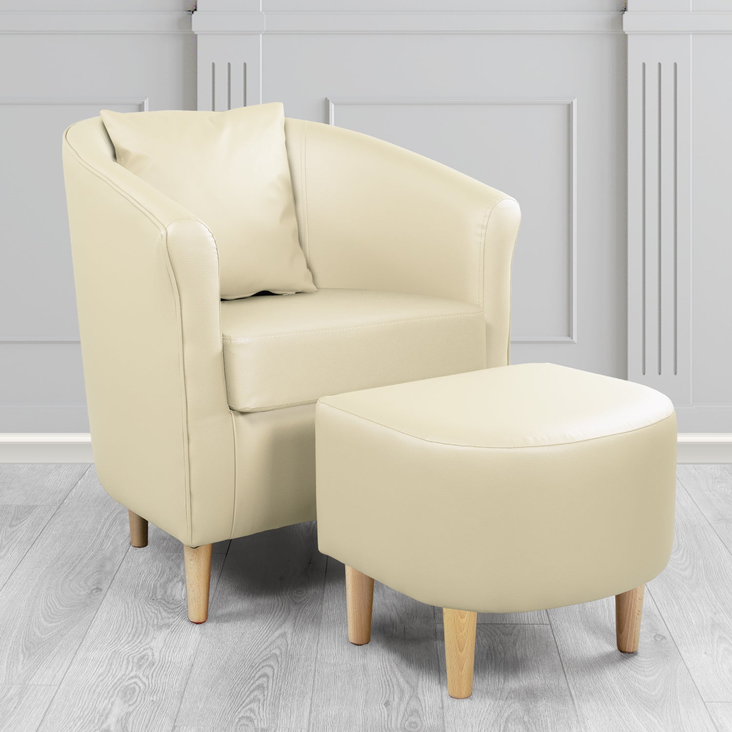 St Tropez Tub Chair with Footstool Set in Madrid Cream Faux Leather - The Tub Chair Shop