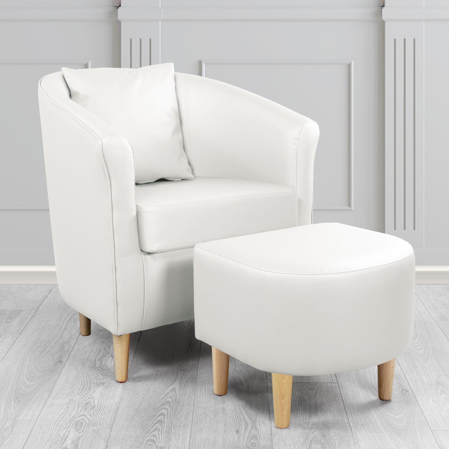 St Tropez Tub Chair with Footstool Set in Madrid White Faux Leather - The Tub Chair Shop