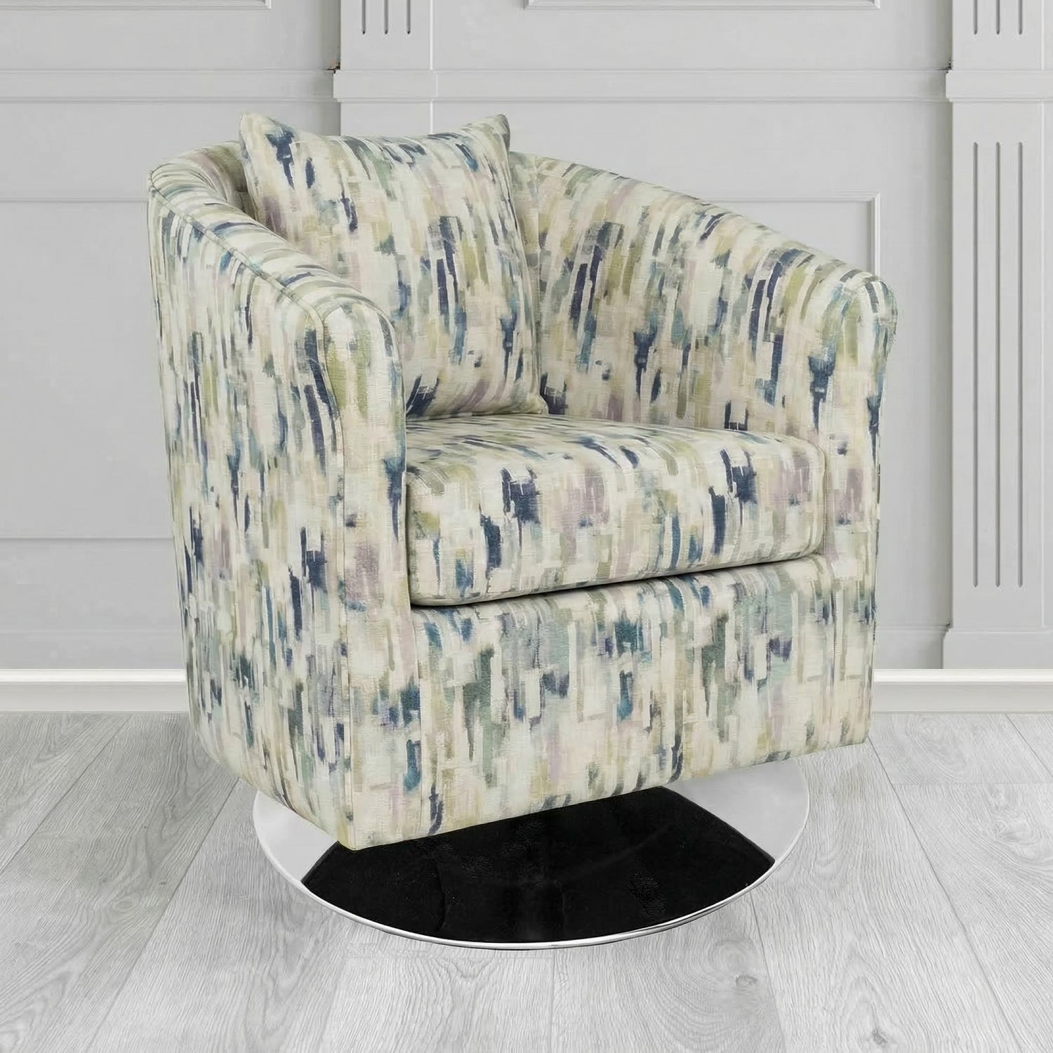 St Tropez Swivel Tub Chair in Fryett's Aura Abstract Pattern Fabric with Scatter Cushion