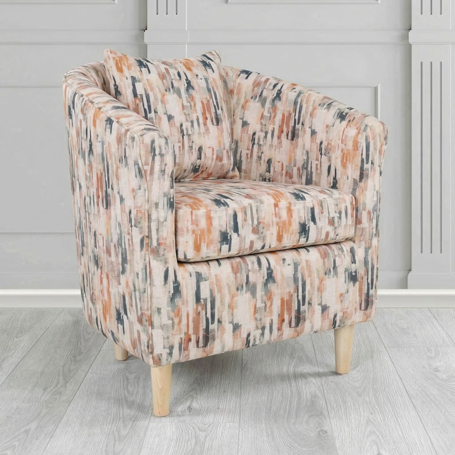 St Tropez Tub Chair in Fryett's Aura Abstract Pattern Fabric with Scatter Cushion