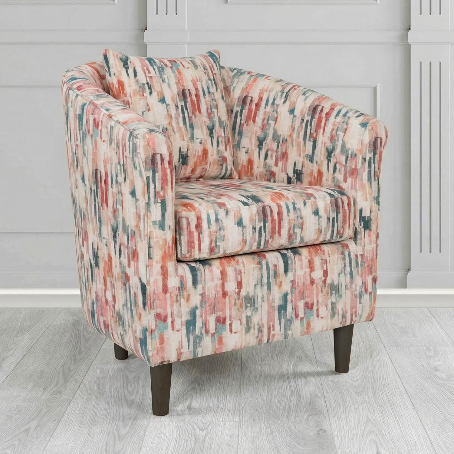 St Tropez Tub Chair in Fryett's Aura Abstract Pattern Fabric with Scatter Cushion