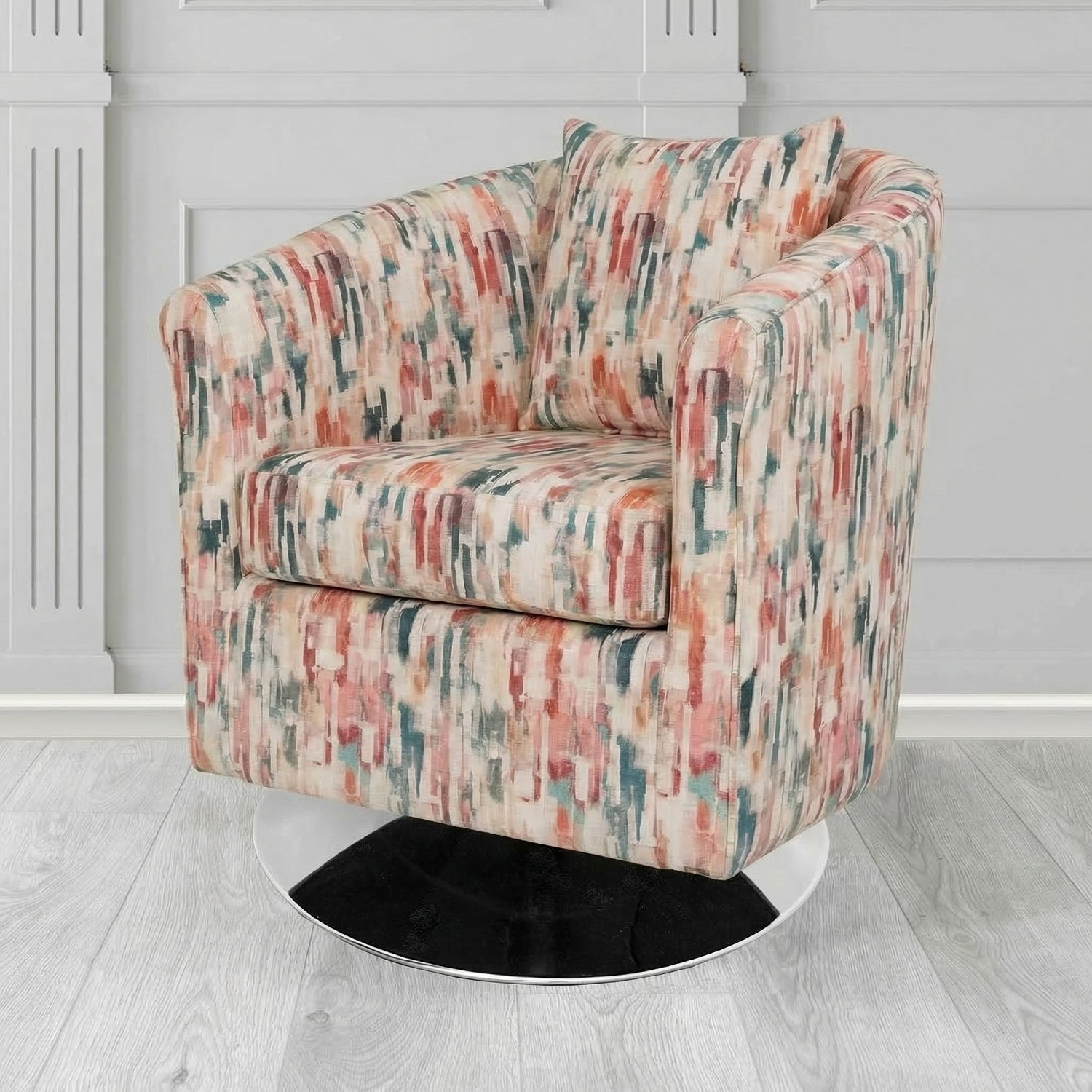 St Tropez Swivel Tub Chair in Fryett's Aura Abstract Pattern Fabric with Scatter Cushion