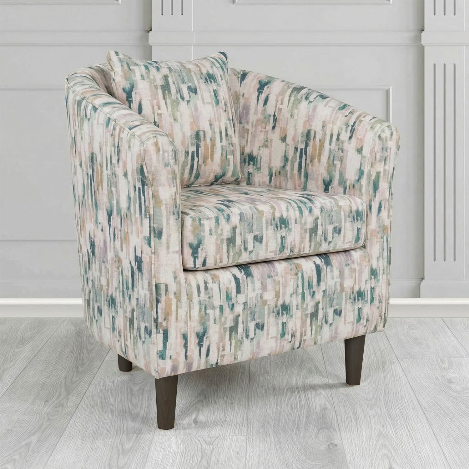 St Tropez Tub Chair in Fryett's Aura Abstract Pattern Fabric with Scatter Cushion