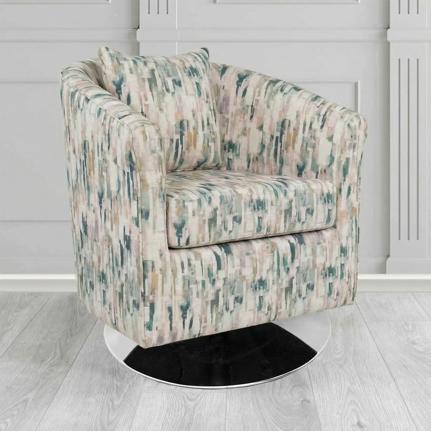 St Tropez Swivel Tub Chair in Fryett's Aura Abstract Pattern Fabric with Scatter Cushion