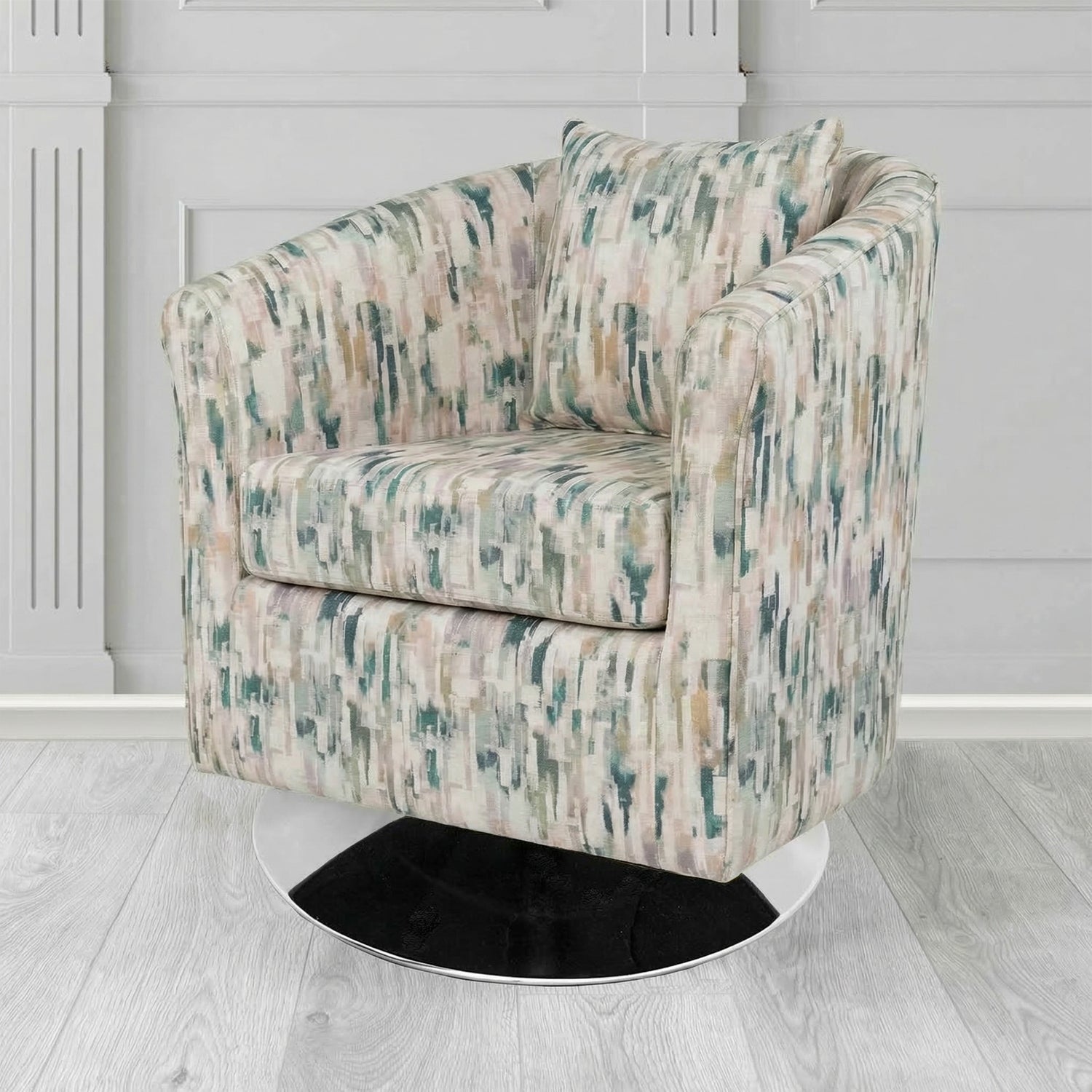 St Tropez Swivel Tub Chair in Fryett's Aura Abstract Pattern Fabric with Scatter Cushion
