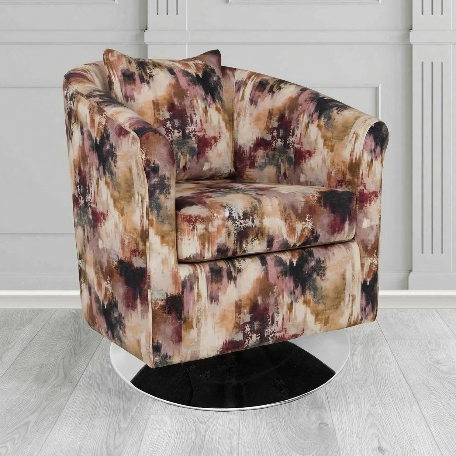 St Tropez Swivel Tub Chair in Fryett's Kala Abstract Fabric with Scatter Cushion