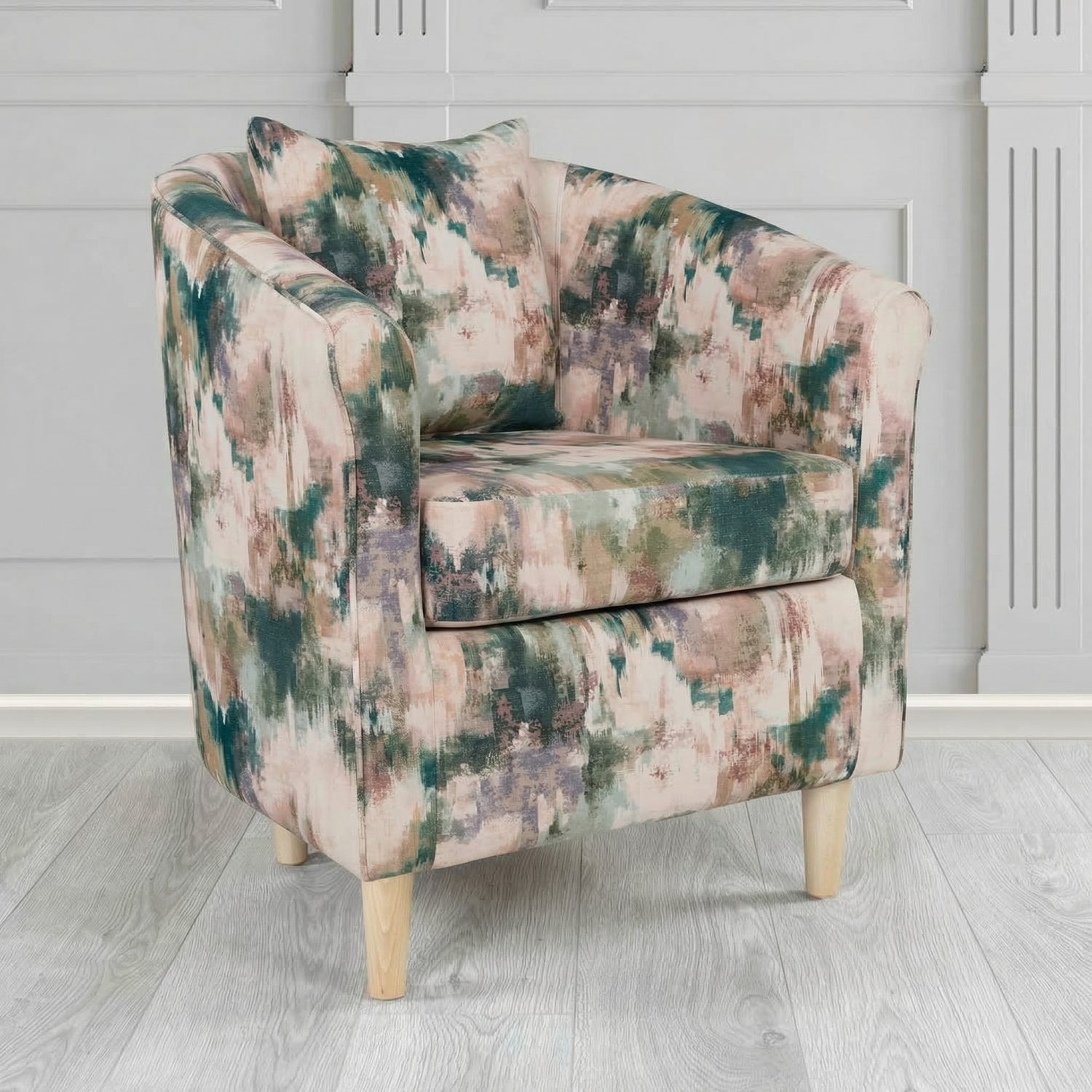 St Tropez Tub Chair in Fryett's Kala Abstract Fabric with Scatter Cushion