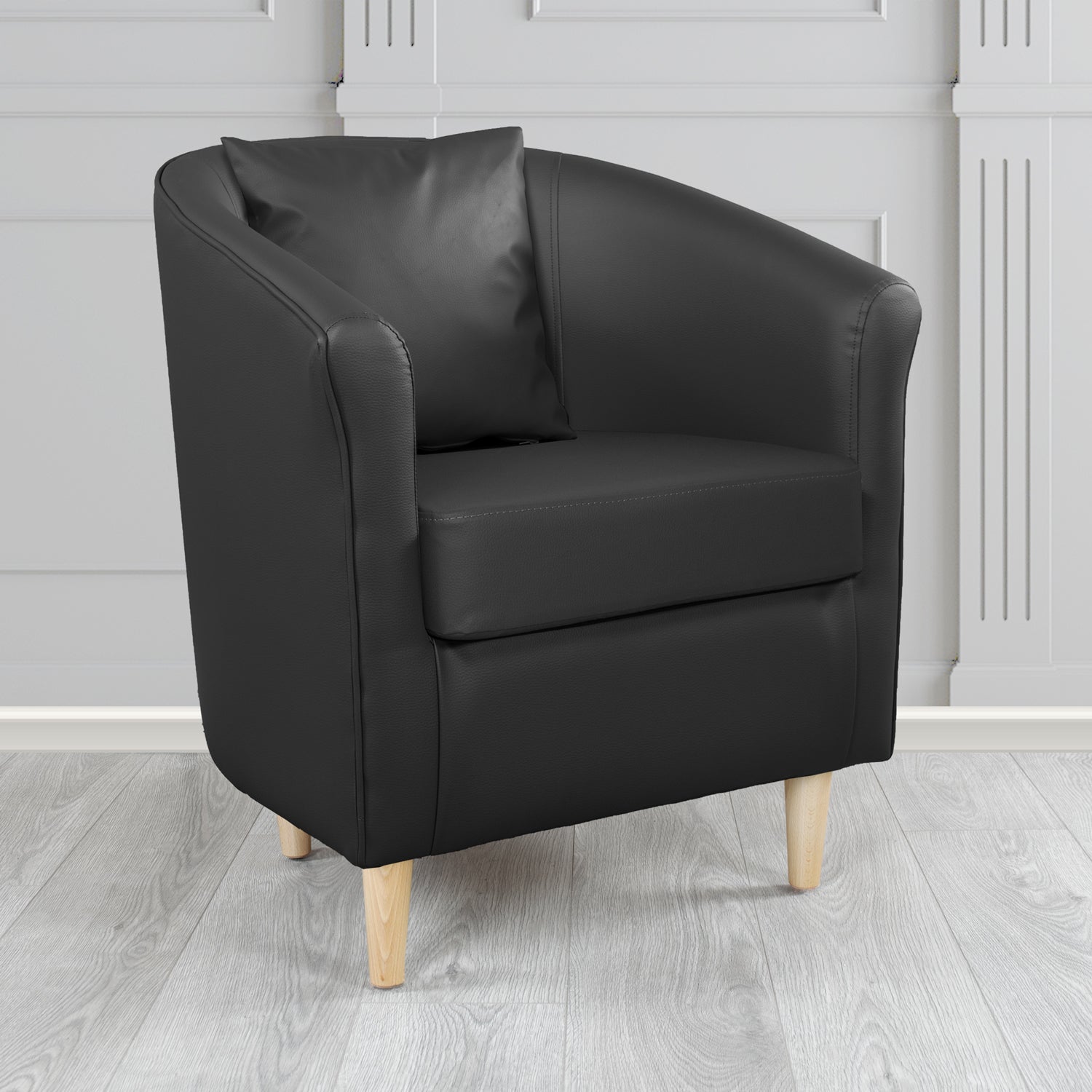 St Tropez Tub Chair with Scatter Cushion in Madrid Black Faux Leather - The Tub Chair Shop
