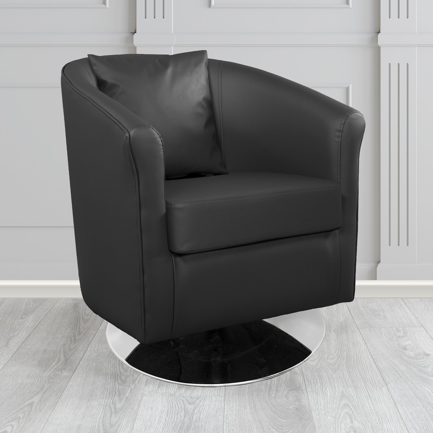 St Tropez Swivel Tub Chair with Scatter Cushion in Madrid Black Faux Leather