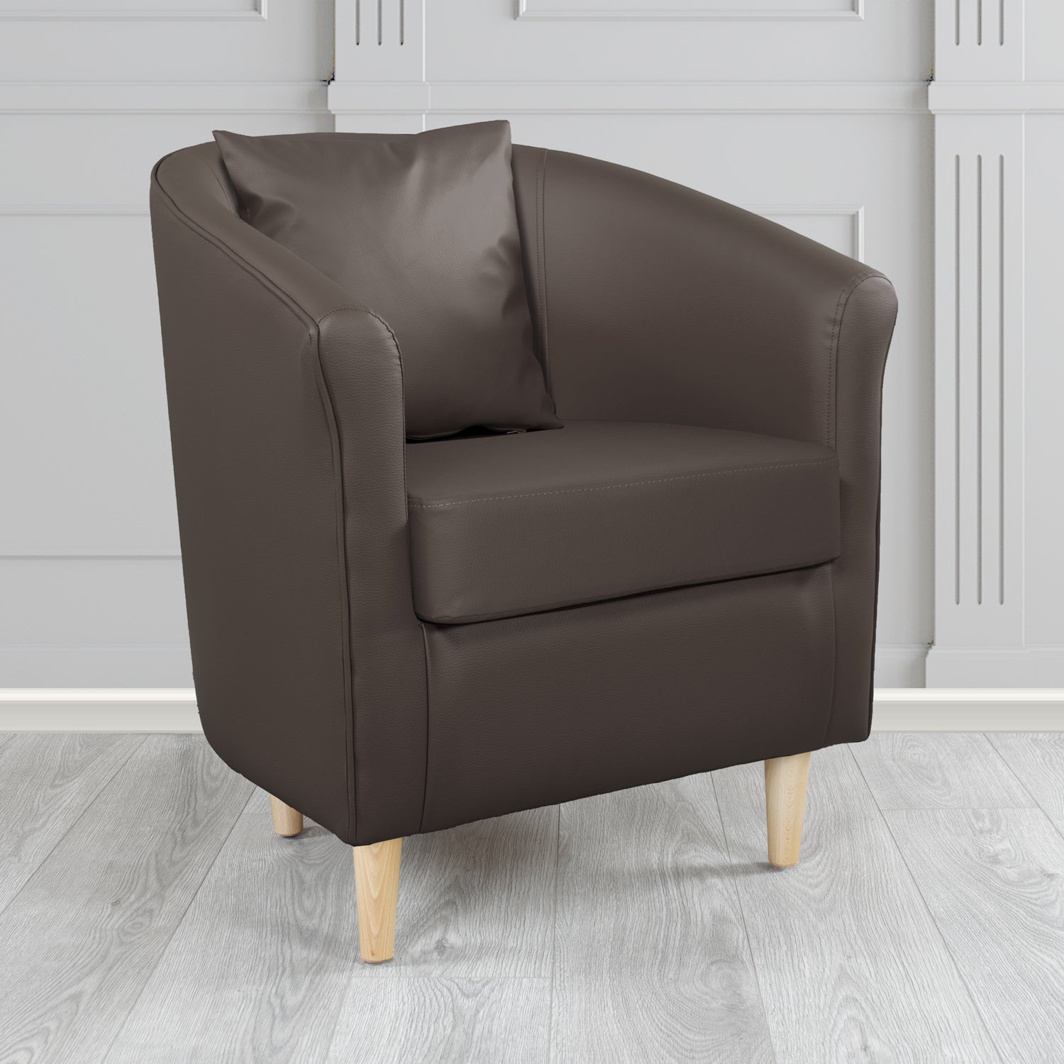 St Tropez Tub Chair with Scatter Cushion in Madrid Chocolate Faux Leather - The Tub Chair Shop