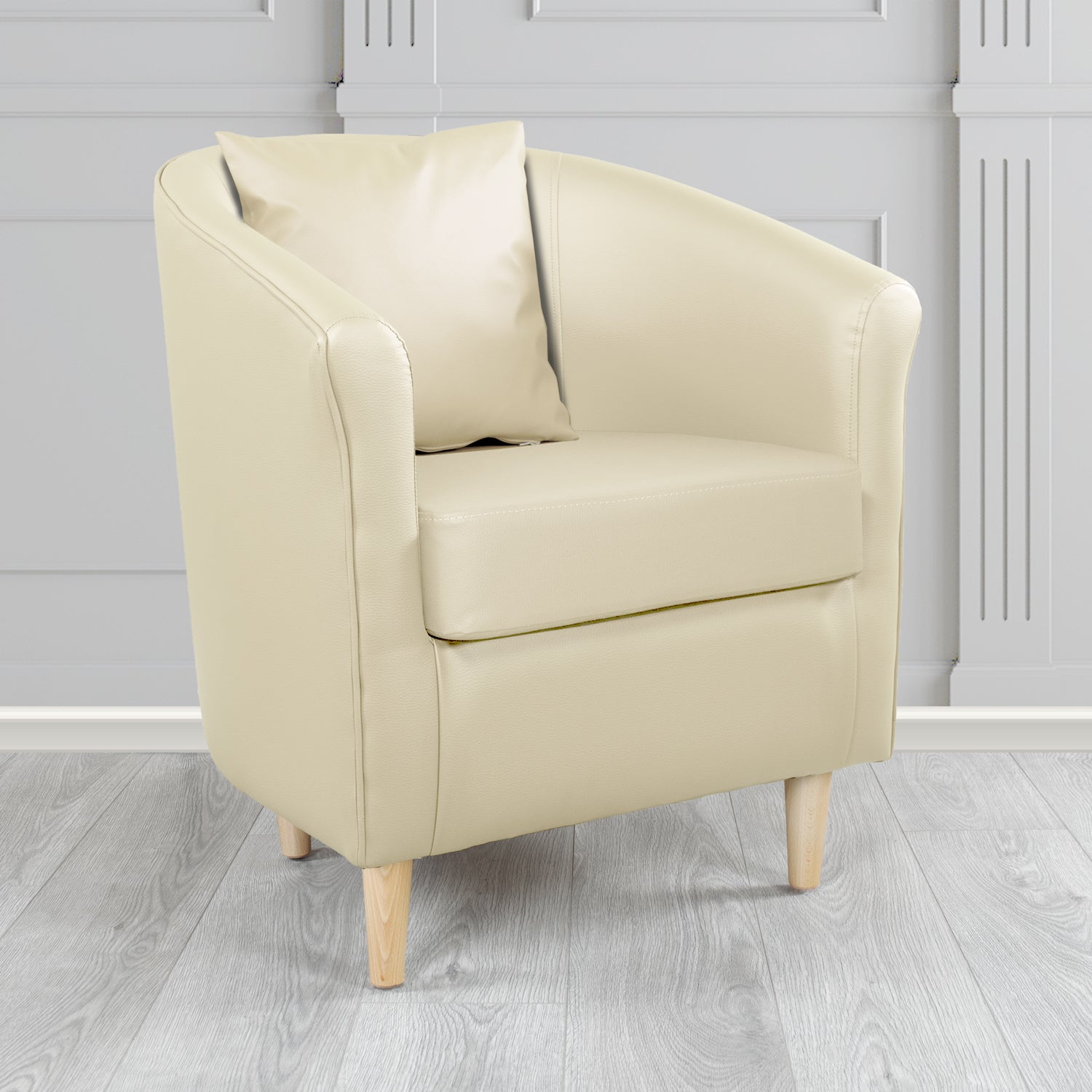 St Tropez Tub Chair with Scatter Cushion in Madrid Cream Faux Leather - The Tub Chair Shop