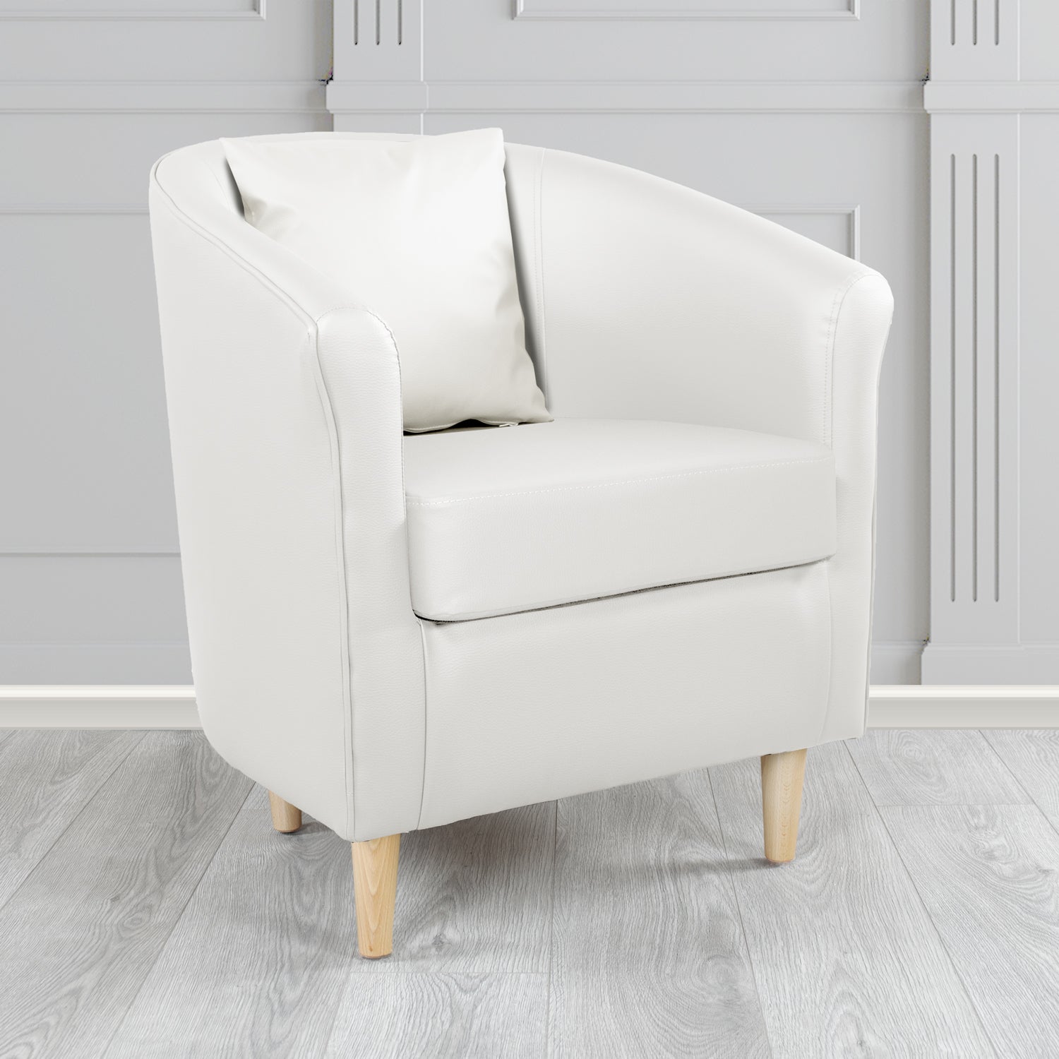 St Tropez Tub Chair with Scatter Cushion in Madrid White Faux Leather - The Tub Chair Shop