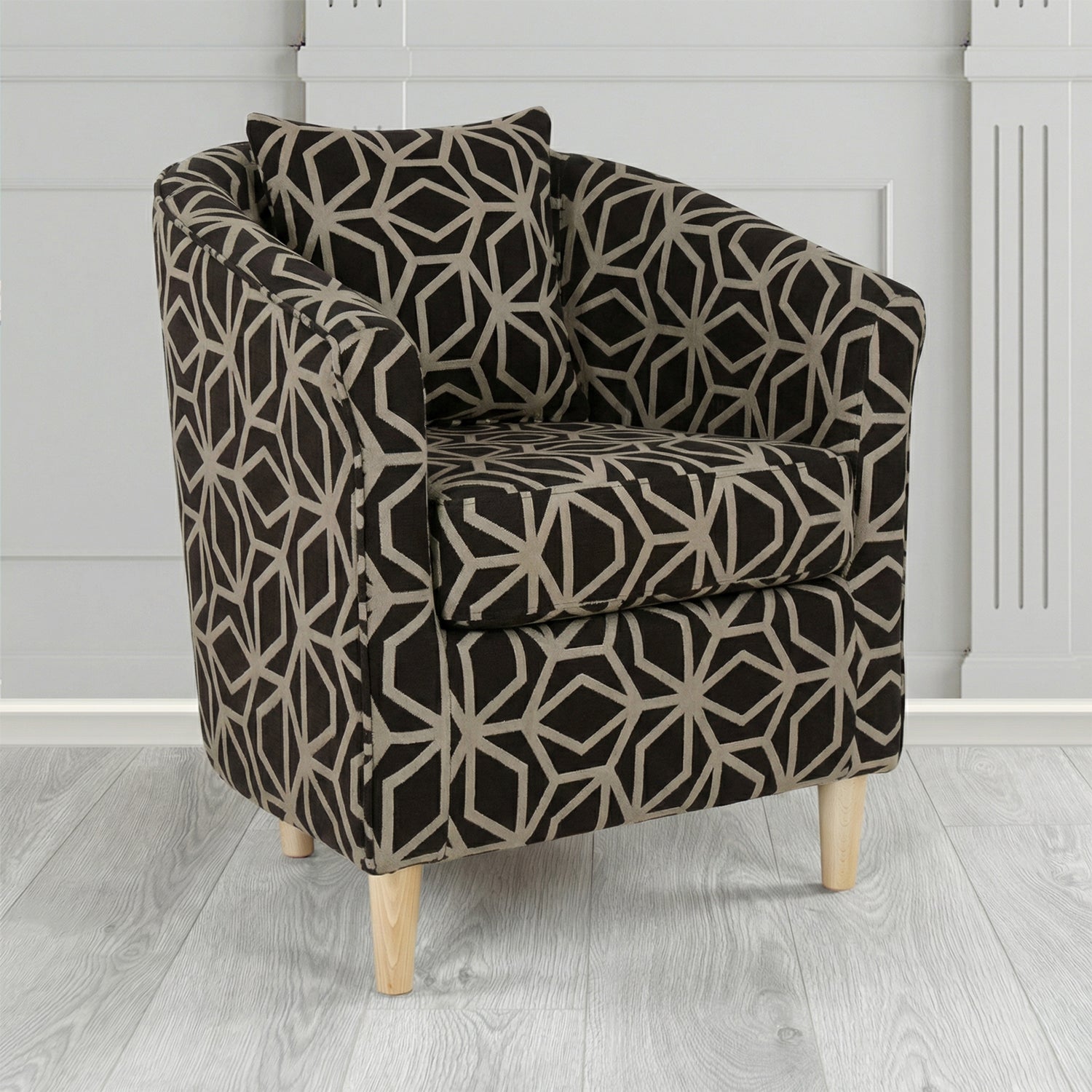 St Tropez Tub Chair in Panaz Fabrics Lexington Corinthia Geometric Crib 5 Velvet Fabric with Scatter Cushion