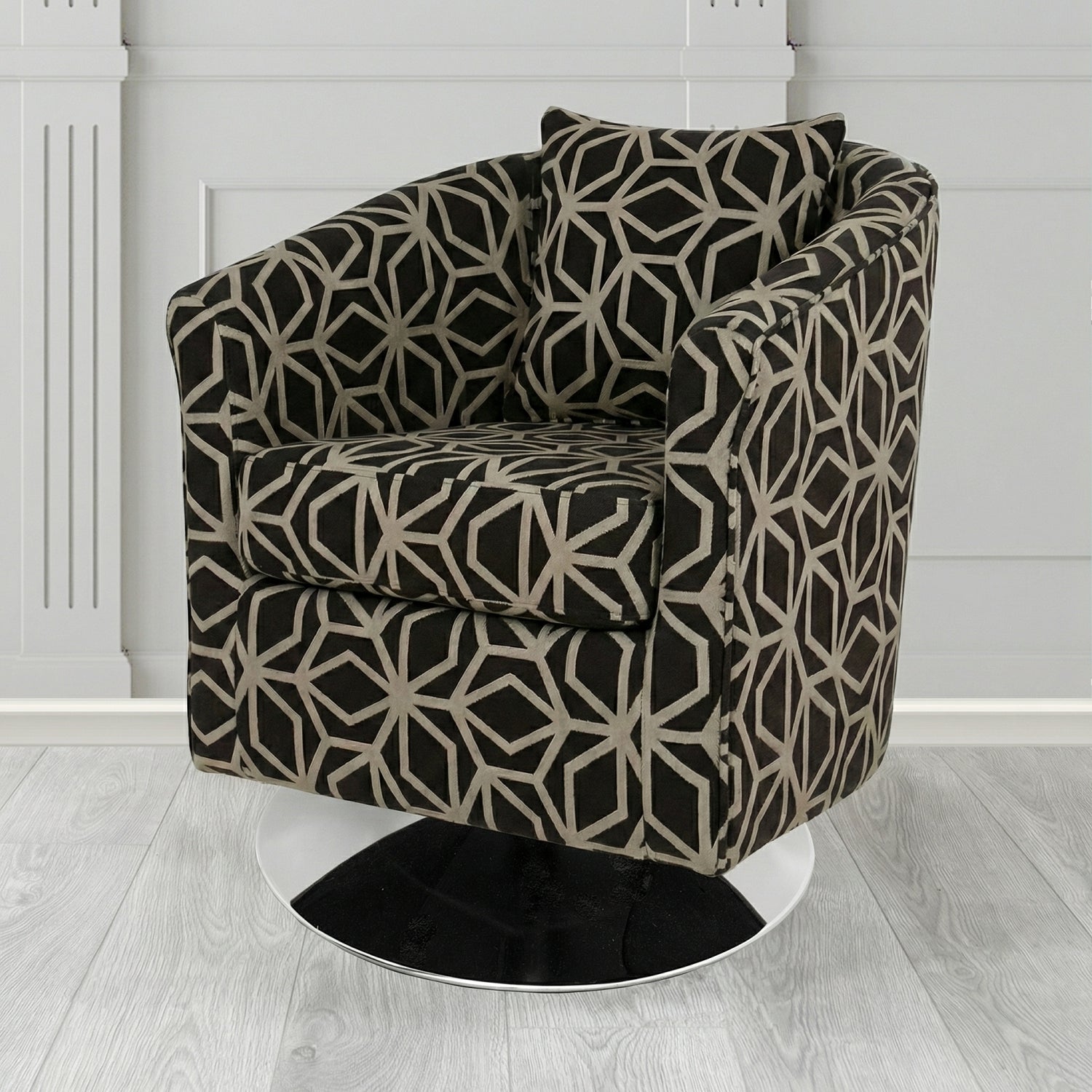St Tropez Swivel Tub Chair in Panaz Fabrics Lexington Corinthia Geometric Crib 5 Velvet Fabric with Scatter Cushion