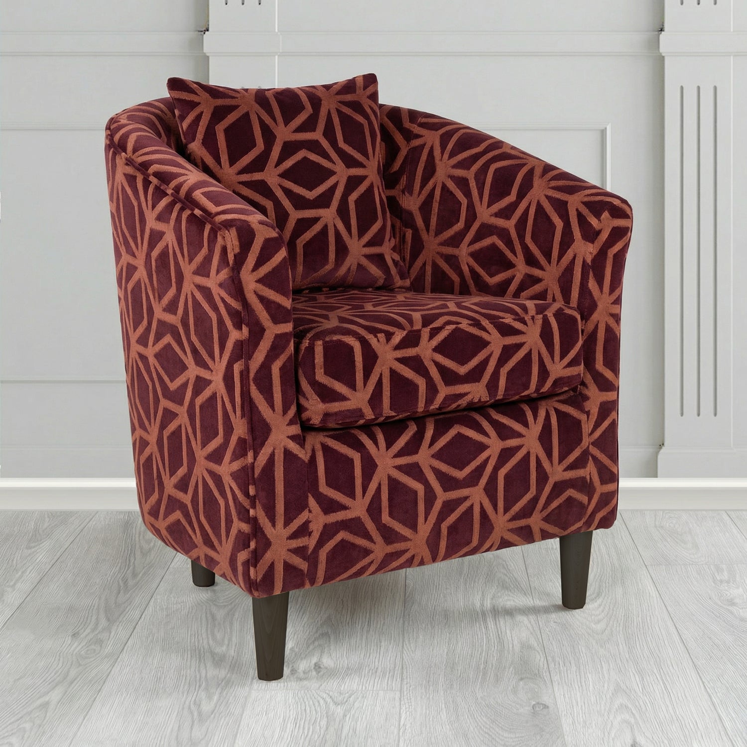 St Tropez Tub Chair in Panaz Fabrics Lexington Corinthia Geometric Crib 5 Velvet Fabric with Scatter Cushion