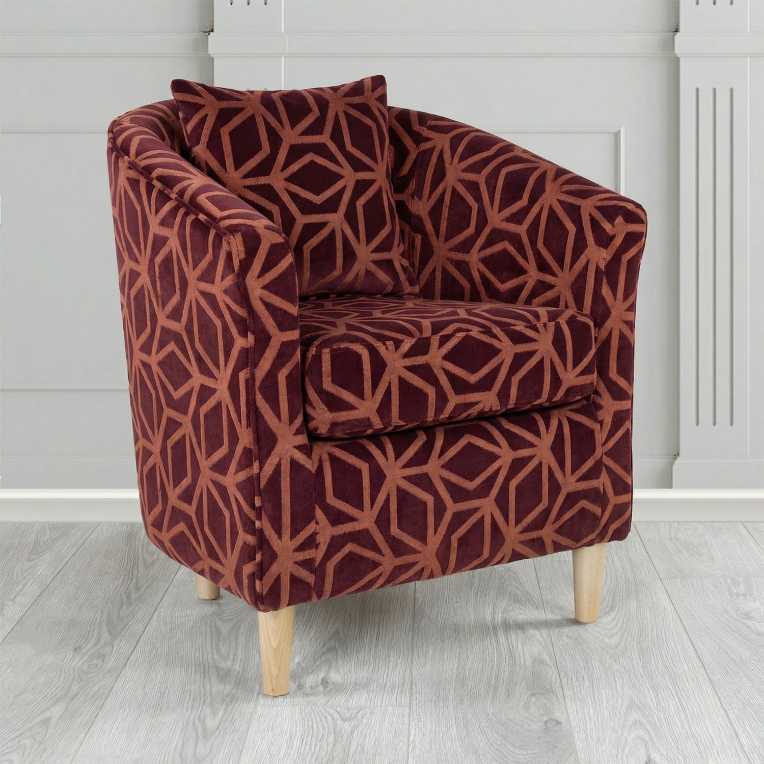 St Tropez Tub Chair in Panaz Fabrics Lexington Corinthia Geometric Crib 5 Velvet Fabric with Scatter Cushion