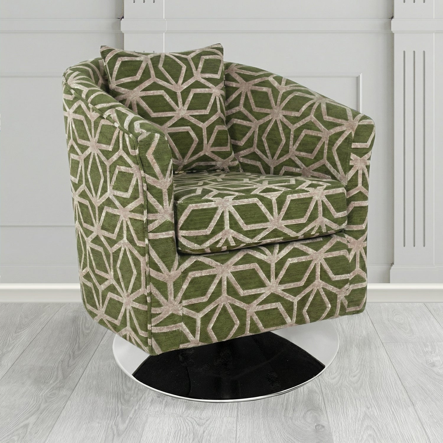 St Tropez Swivel Tub Chair in Panaz Fabrics Lexington Corinthia Geometric Crib 5 Velvet Fabric with Scatter Cushion