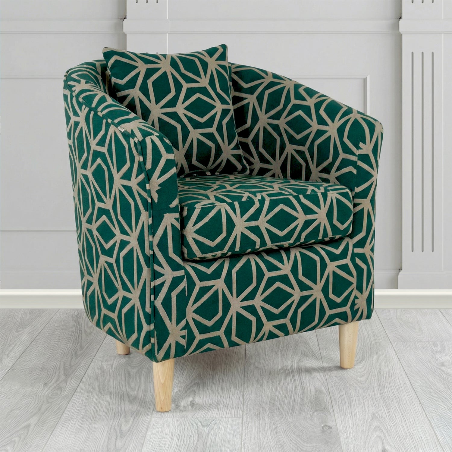 St Tropez Tub Chair in Panaz Fabrics Lexington Corinthia Geometric Crib 5 Velvet Fabric with Scatter Cushion