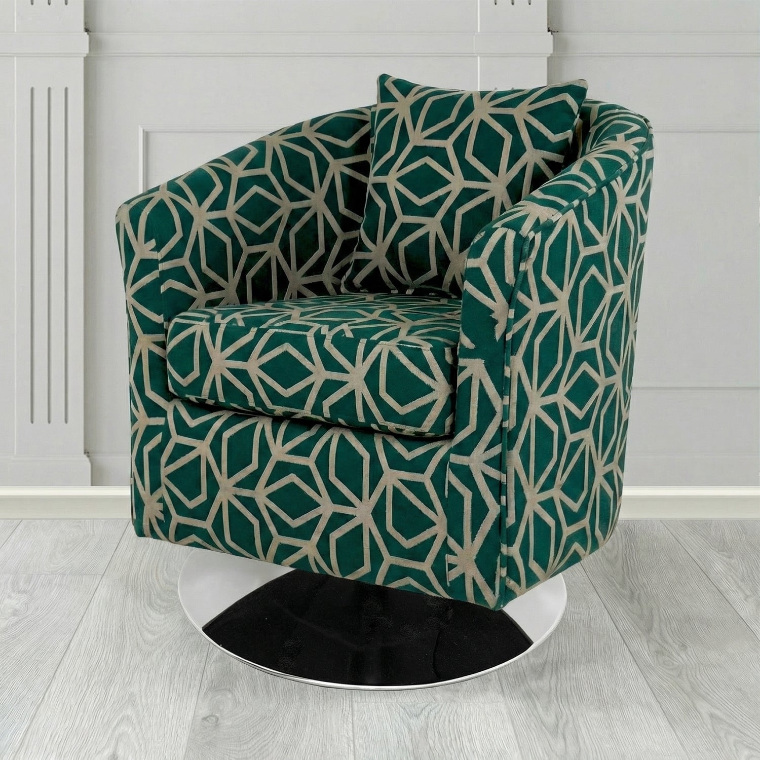 St Tropez Swivel Tub Chair in Panaz Fabrics Lexington Corinthia Geometric Crib 5 Velvet Fabric with Scatter Cushion