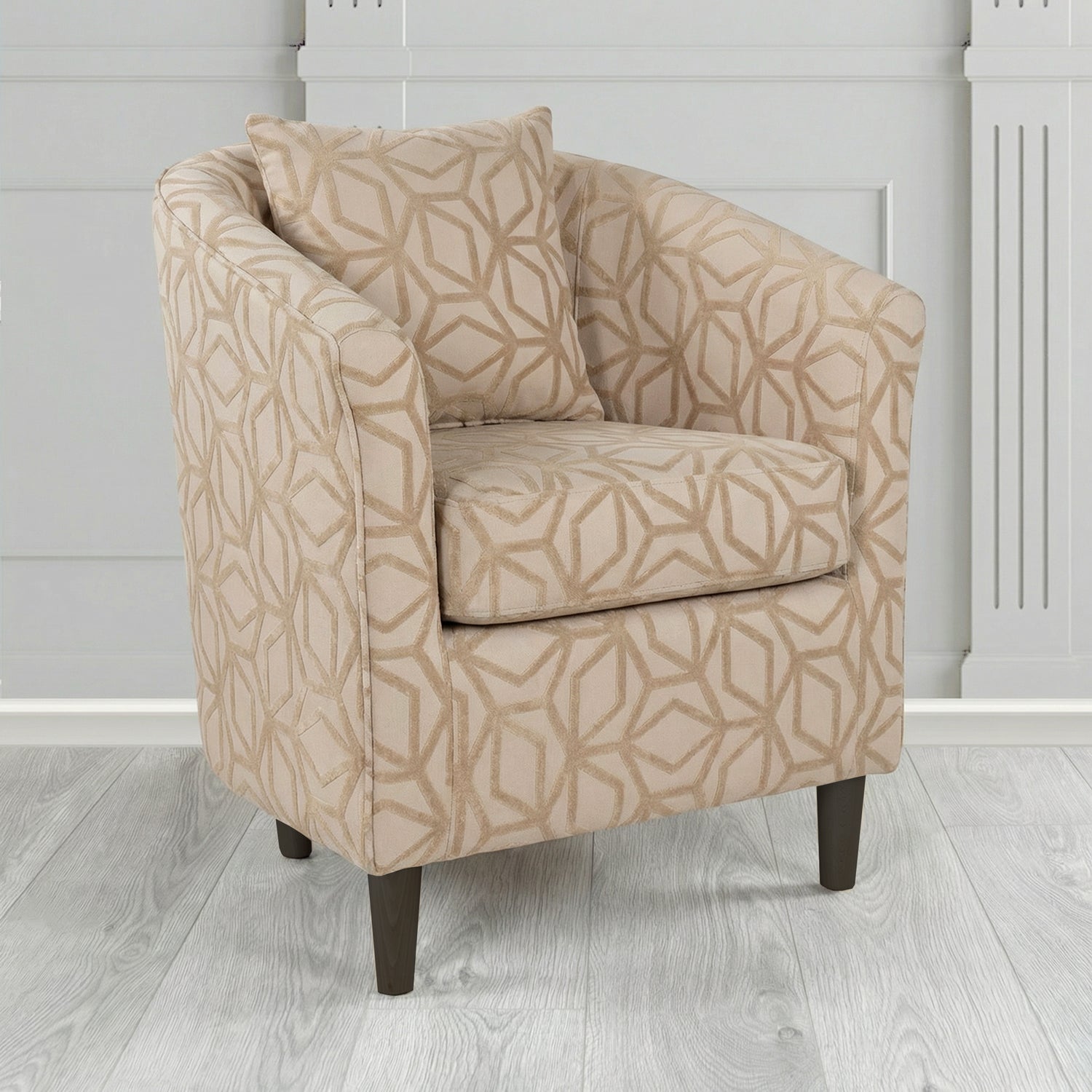 St Tropez Tub Chair in Panaz Fabrics Lexington Corinthia Geometric Crib 5 Velvet Fabric with Scatter Cushion