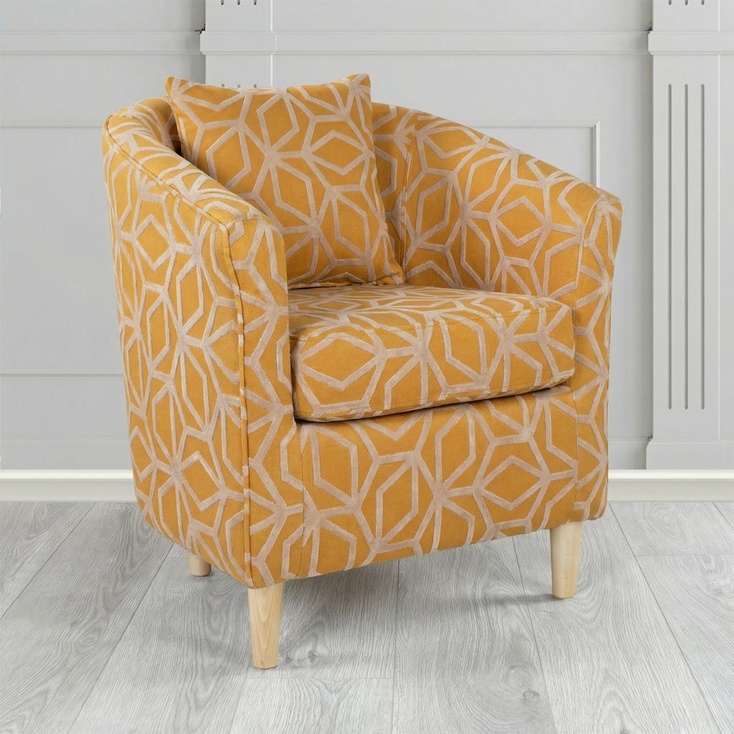 St Tropez Tub Chair in Panaz Fabrics Lexington Corinthia Geometric Crib 5 Velvet Fabric with Scatter Cushion