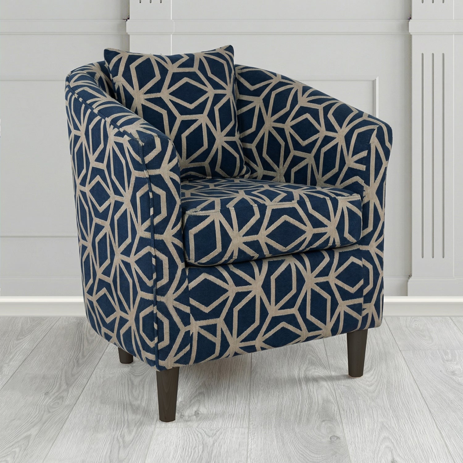St Tropez Tub Chair in Panaz Fabrics Lexington Corinthia Geometric Crib 5 Velvet Fabric with Scatter Cushion