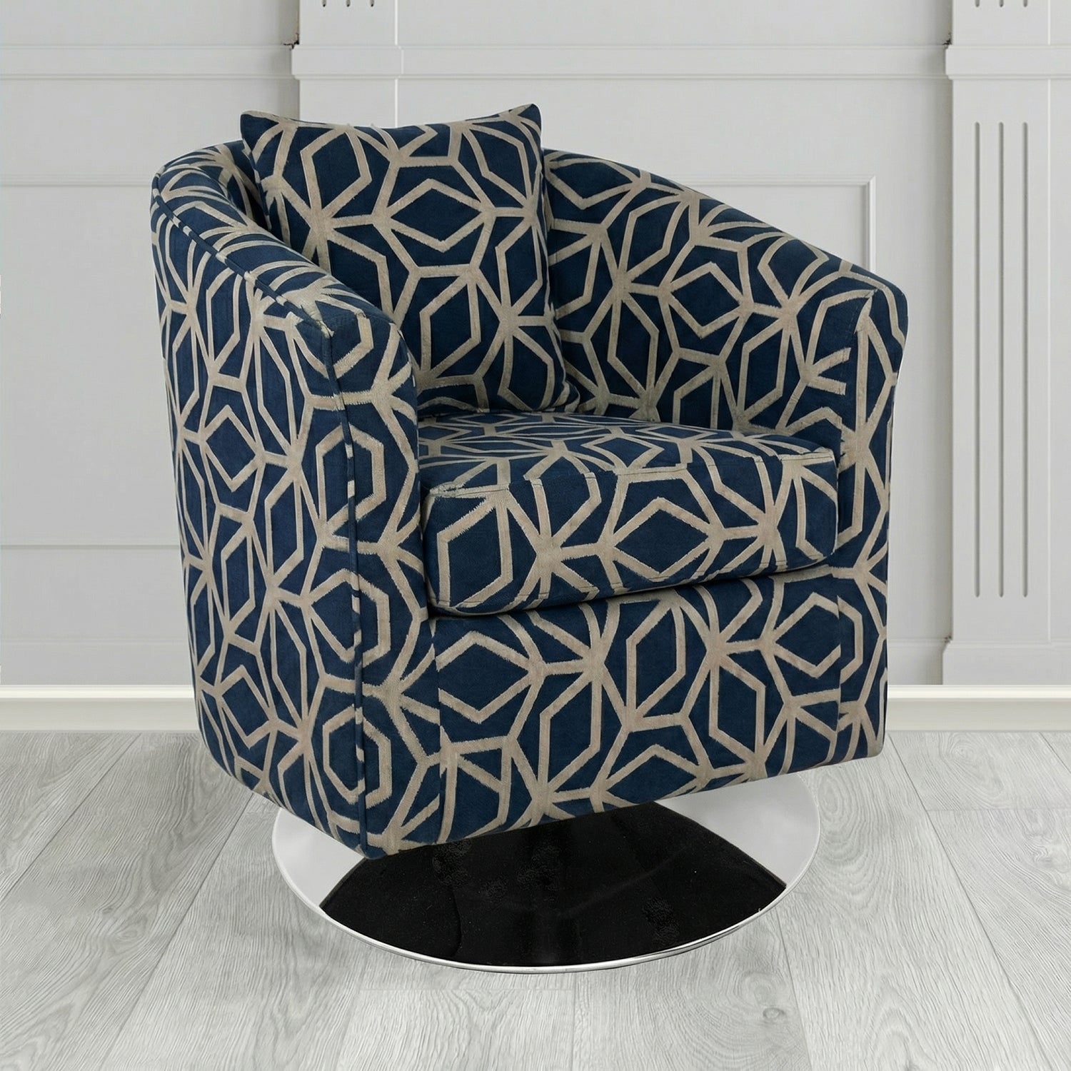 St Tropez Swivel Tub Chair in Panaz Fabrics Lexington Corinthia Geometric Crib 5 Velvet Fabric with Scatter Cushion