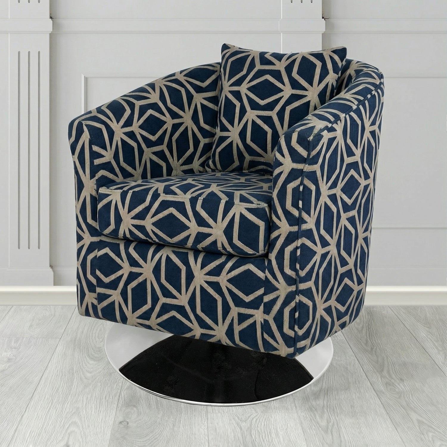 St Tropez Swivel Tub Chair in Panaz Fabrics Lexington Corinthia Geometric Crib 5 Velvet Fabric with Scatter Cushion