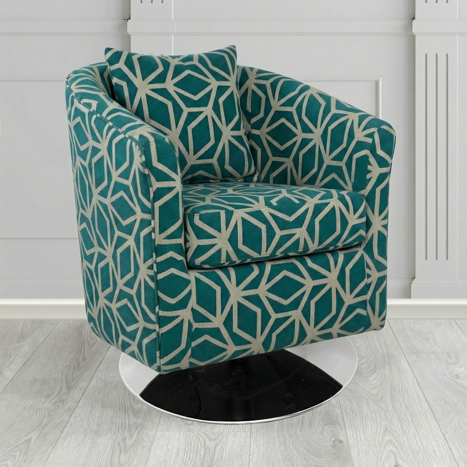 St Tropez Swivel Tub Chair in Panaz Fabrics Lexington Corinthia Geometric Crib 5 Velvet Fabric with Scatter Cushion