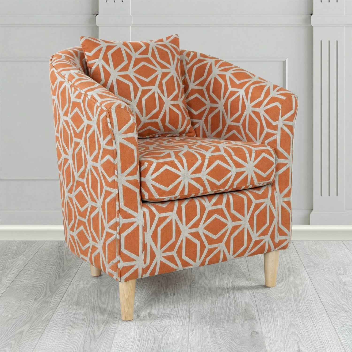 St Tropez Tub Chair in Panaz Fabrics Lexington Corinthia Geometric Crib 5 Velvet Fabric with Scatter Cushion