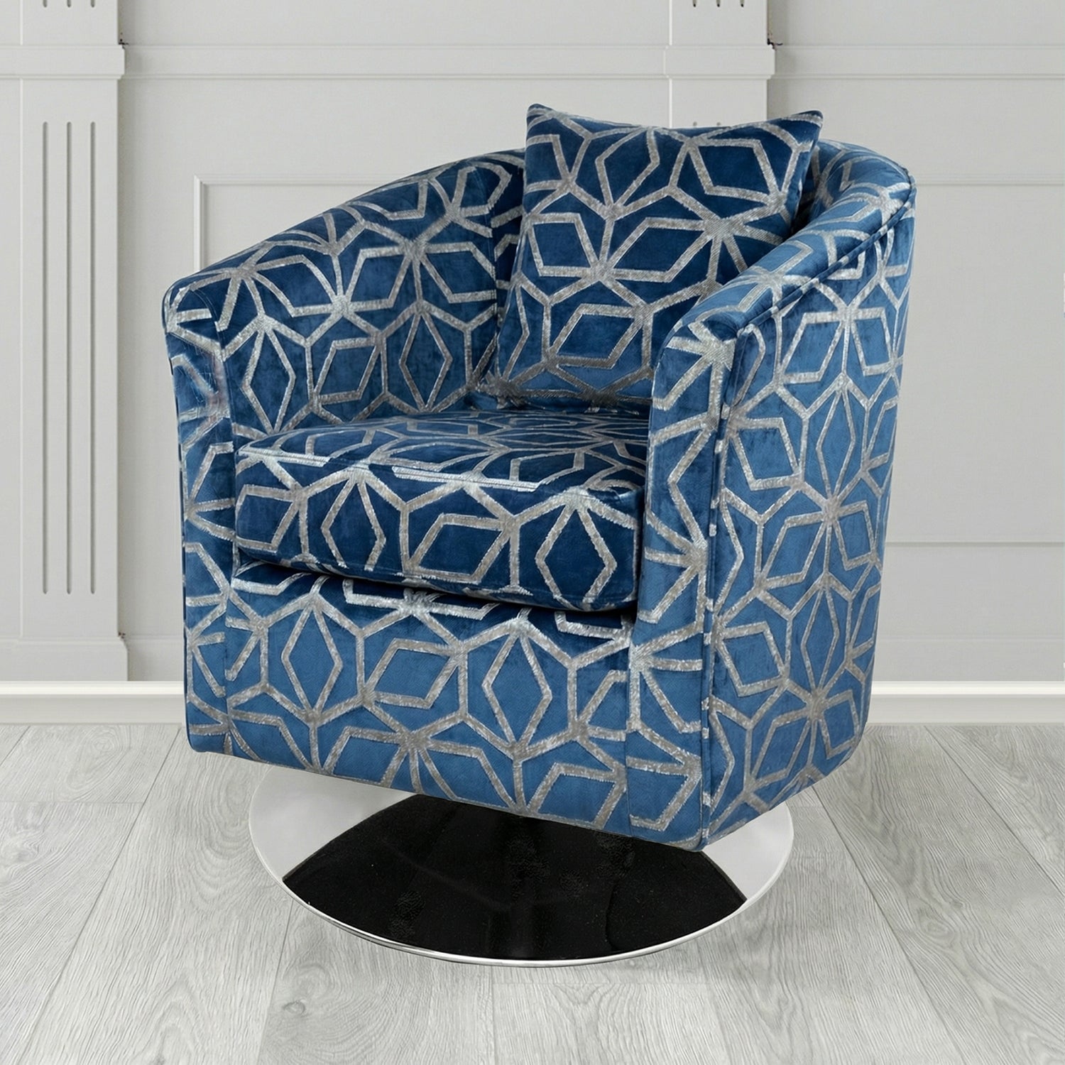 St Tropez Swivel Tub Chair in Panaz Fabrics Lexington Corinthia Geometric Crib 5 Velvet Fabric with Scatter Cushion
