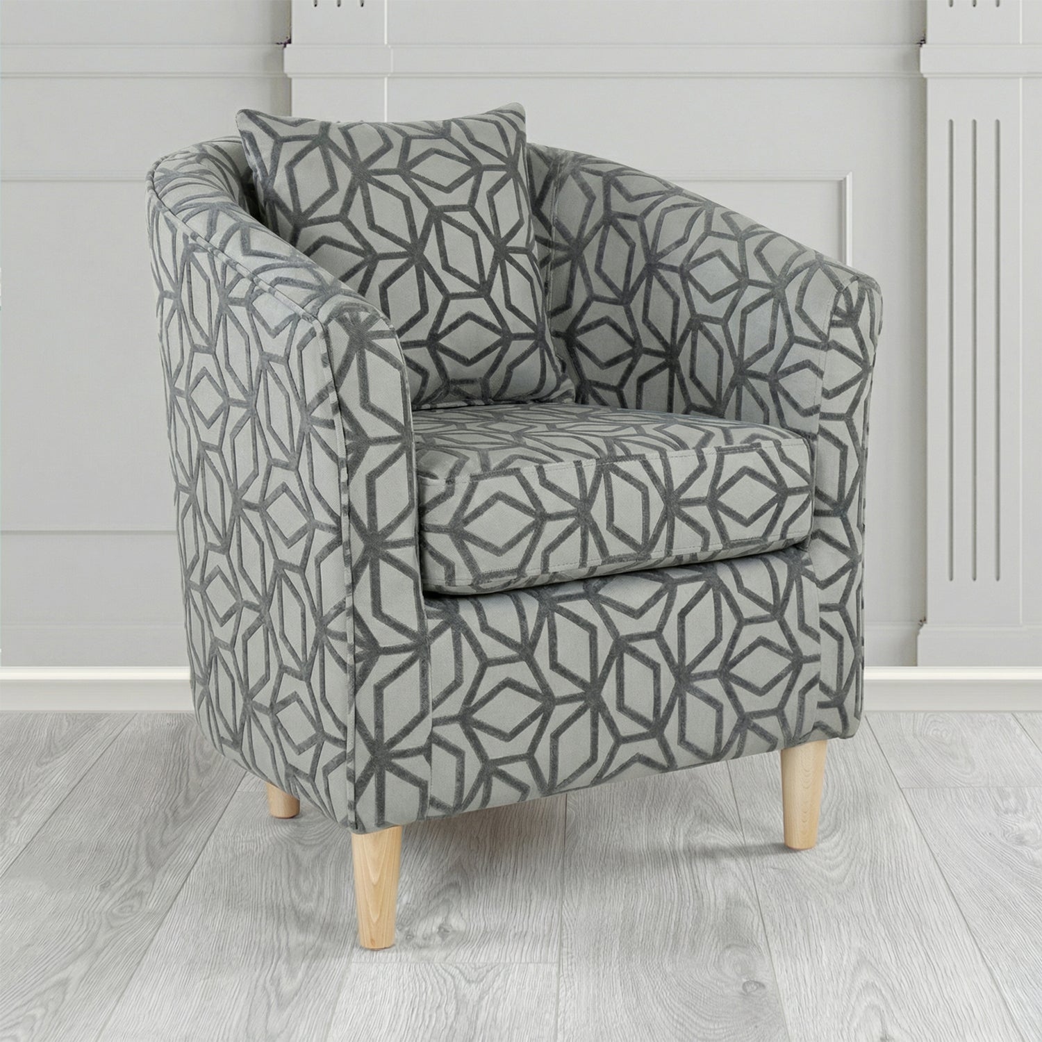 St Tropez Tub Chair in Panaz Fabrics Lexington Corinthia Geometric Crib 5 Velvet Fabric with Scatter Cushion
