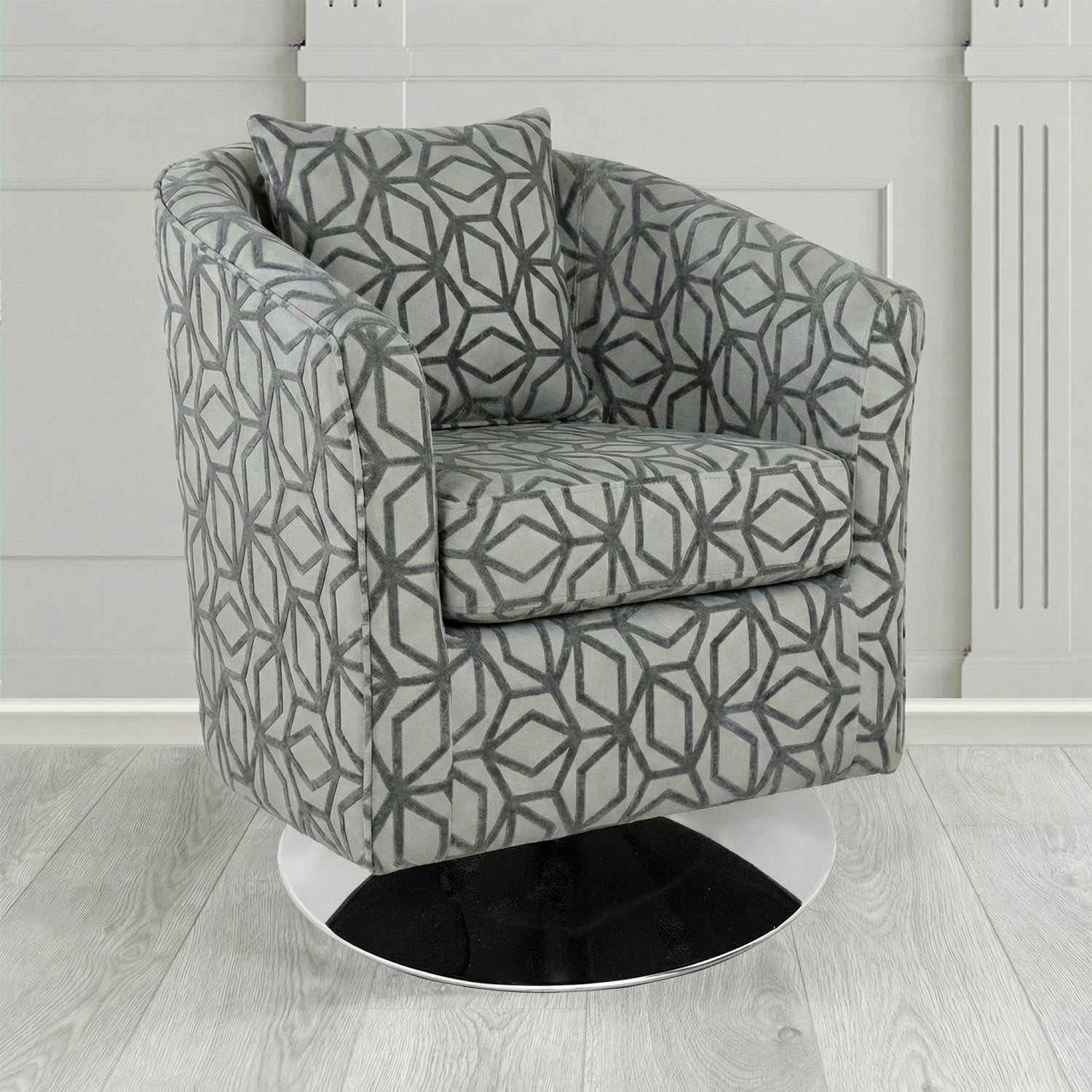 St Tropez Swivel Tub Chair in Panaz Fabrics Lexington Corinthia Geometric Crib 5 Velvet Fabric with Scatter Cushion