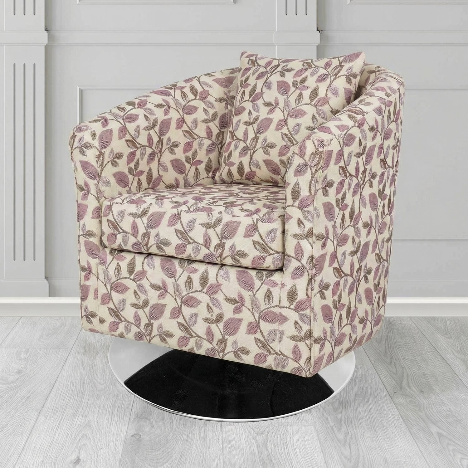 St Tropez Swivel Tub Chair in Porter and Stone Vercelli Floral Fabric with Scatter Cushion