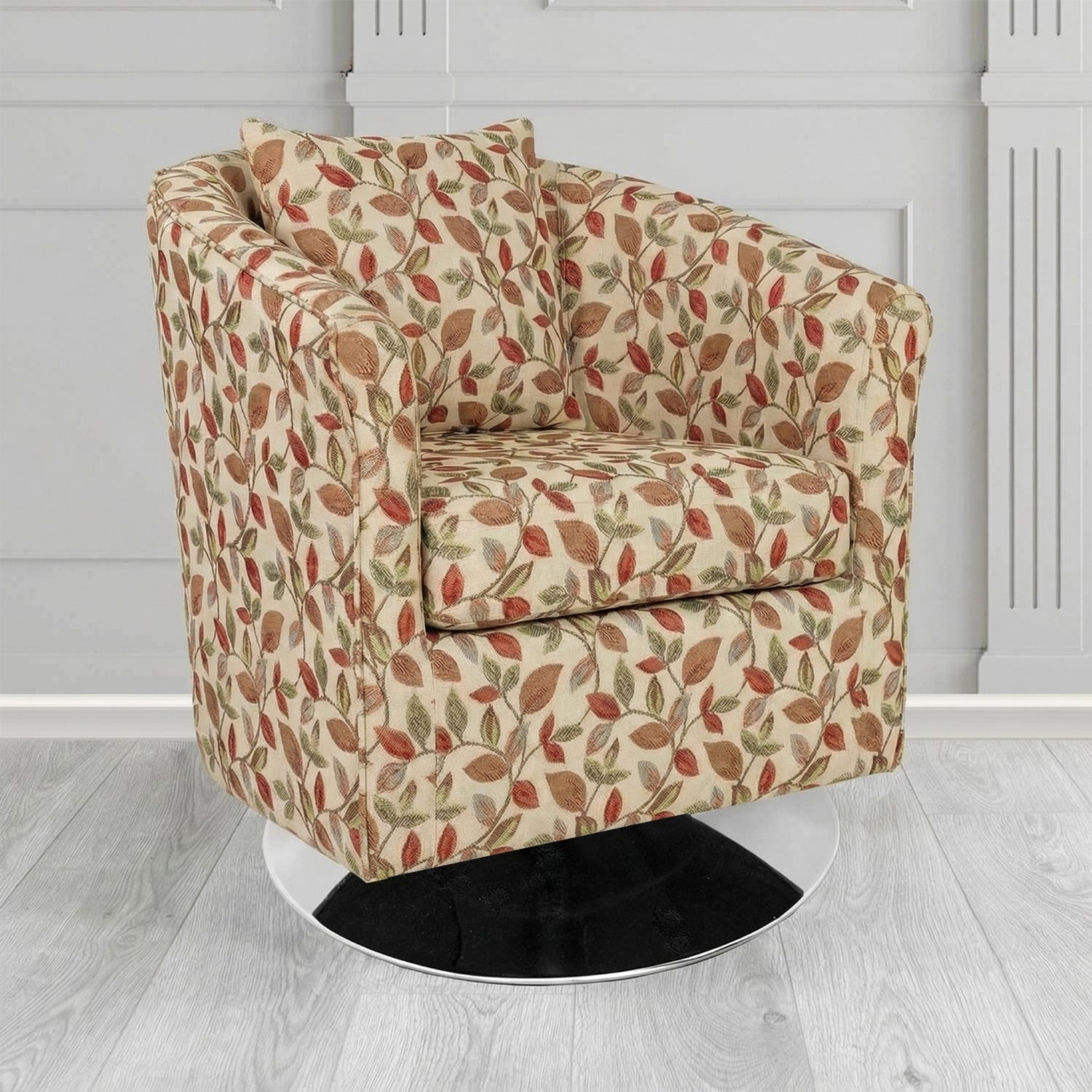 St Tropez Swivel Tub Chair in Porter and Stone Vercelli Floral Fabric with Scatter Cushion