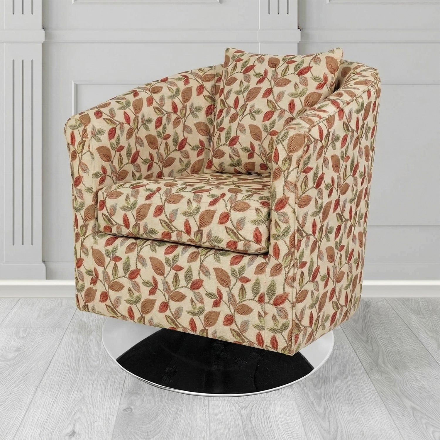St Tropez Swivel Tub Chair in Porter and Stone Vercelli Floral Fabric with Scatter Cushion