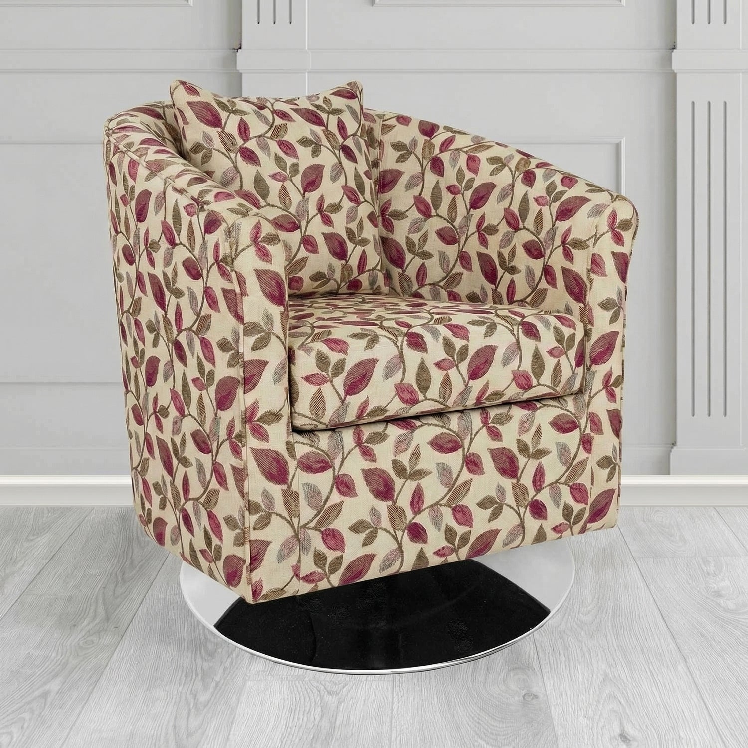 St Tropez Swivel Tub Chair in Porter and Stone Vercelli Floral Fabric with Scatter Cushion