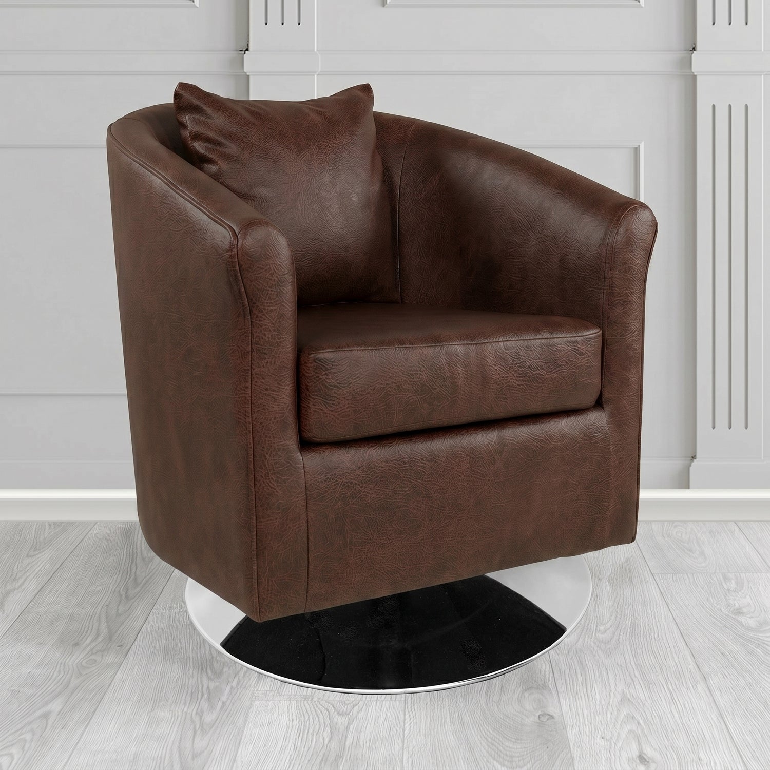 St Tropez Swivel Tub Chair in Crest Leather Saloon Semi-Aniline Crib 5 Genuine Leather with Scatter Cushion