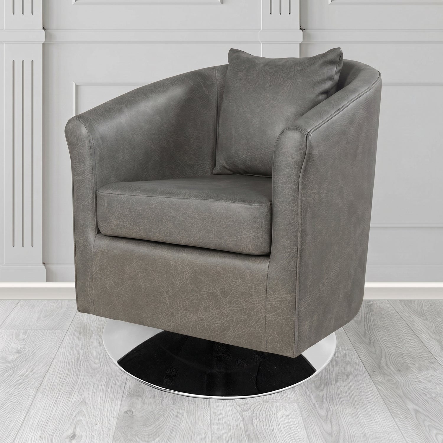 St Tropez Swivel Tub Chair in Crest Leather Saloon Semi-Aniline Crib 5 Genuine Leather with Scatter Cushion