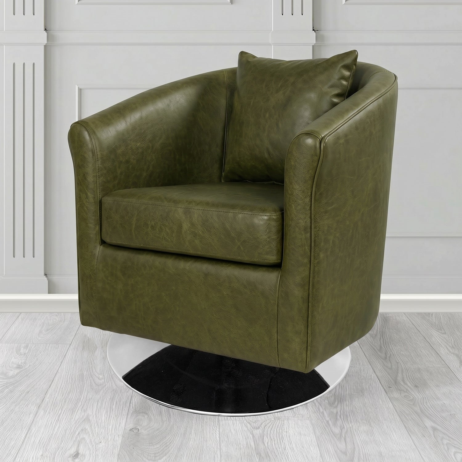 St Tropez Swivel Tub Chair in Crest Leather Saloon Semi-Aniline Crib 5 Genuine Leather with Scatter Cushion