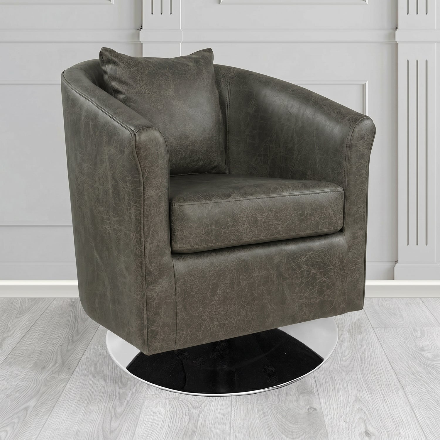 St Tropez Swivel Tub Chair in Crest Leather Saloon Semi-Aniline Crib 5 Genuine Leather with Scatter Cushion
