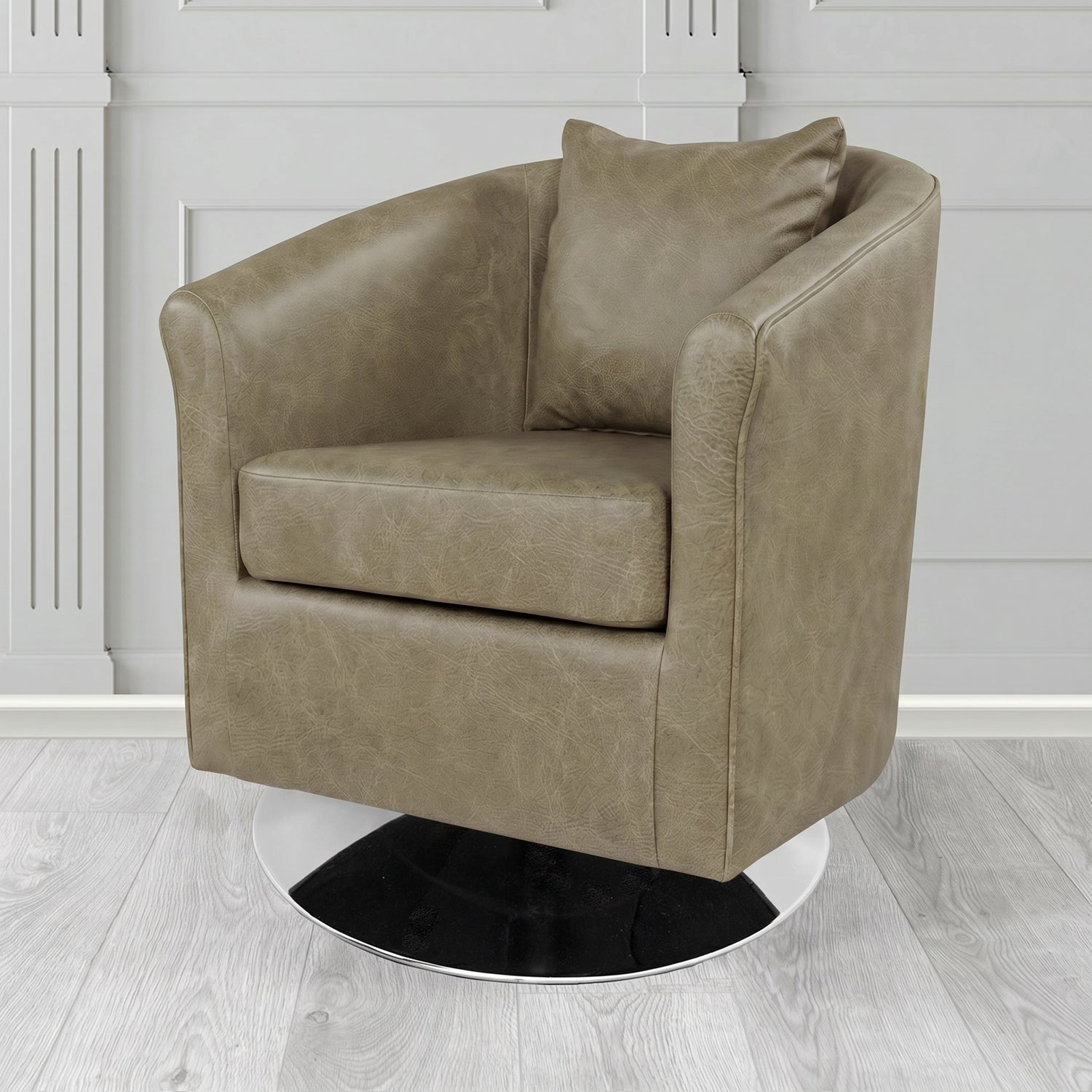 St Tropez Swivel Tub Chair in Crest Leather Saloon Semi-Aniline Crib 5 Genuine Leather with Scatter Cushion