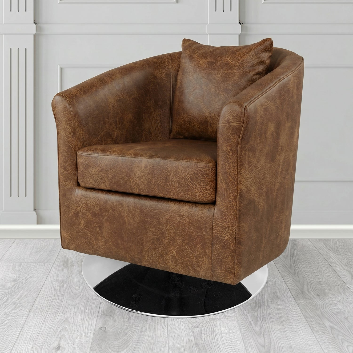 St Tropez Swivel Tub Chair in Crest Leather Saloon Semi-Aniline Crib 5 Genuine Leather with Scatter Cushion