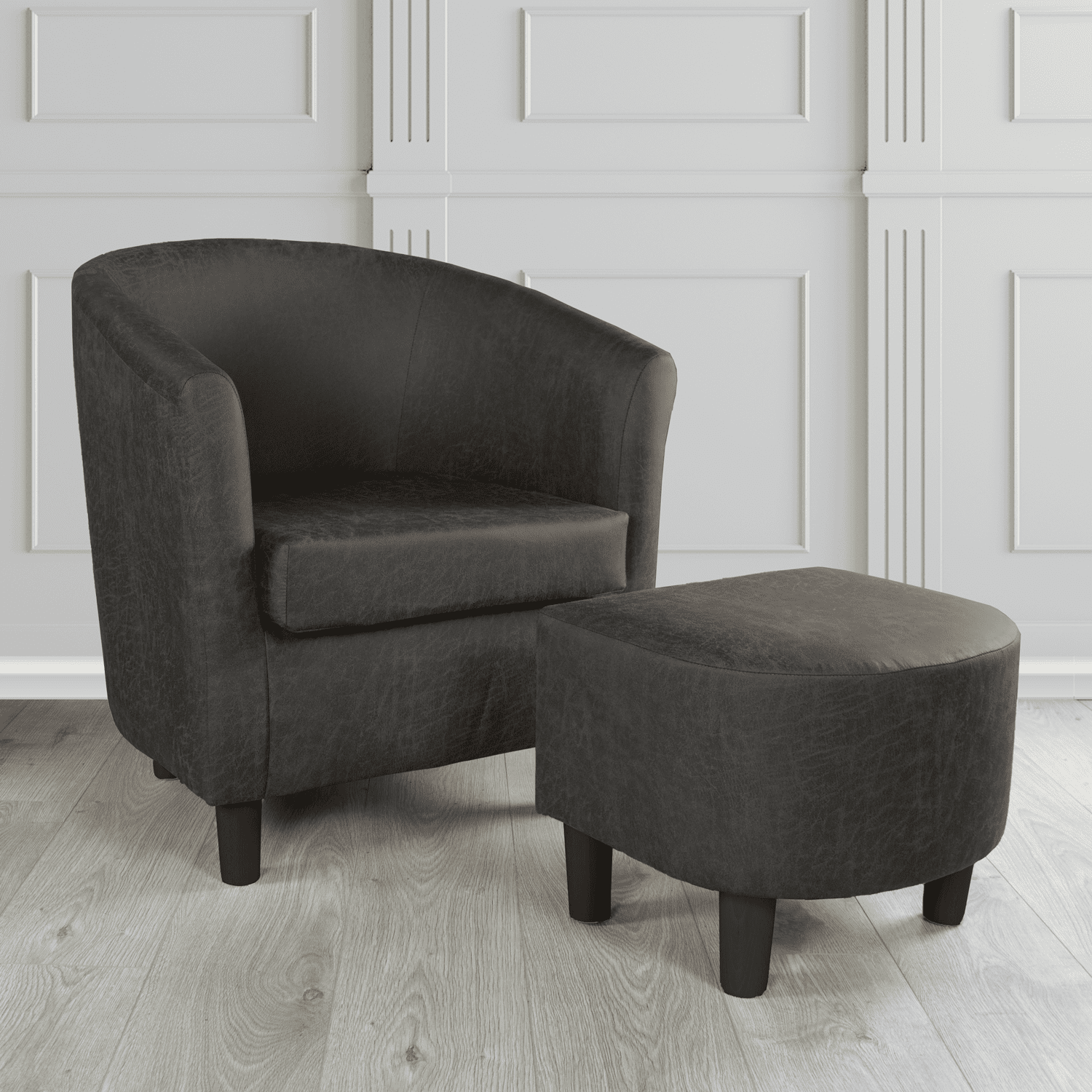 Tuscany Nevada Black Faux Leather Tub Chair with Dee Footstool Set - The Tub Chair Shop
