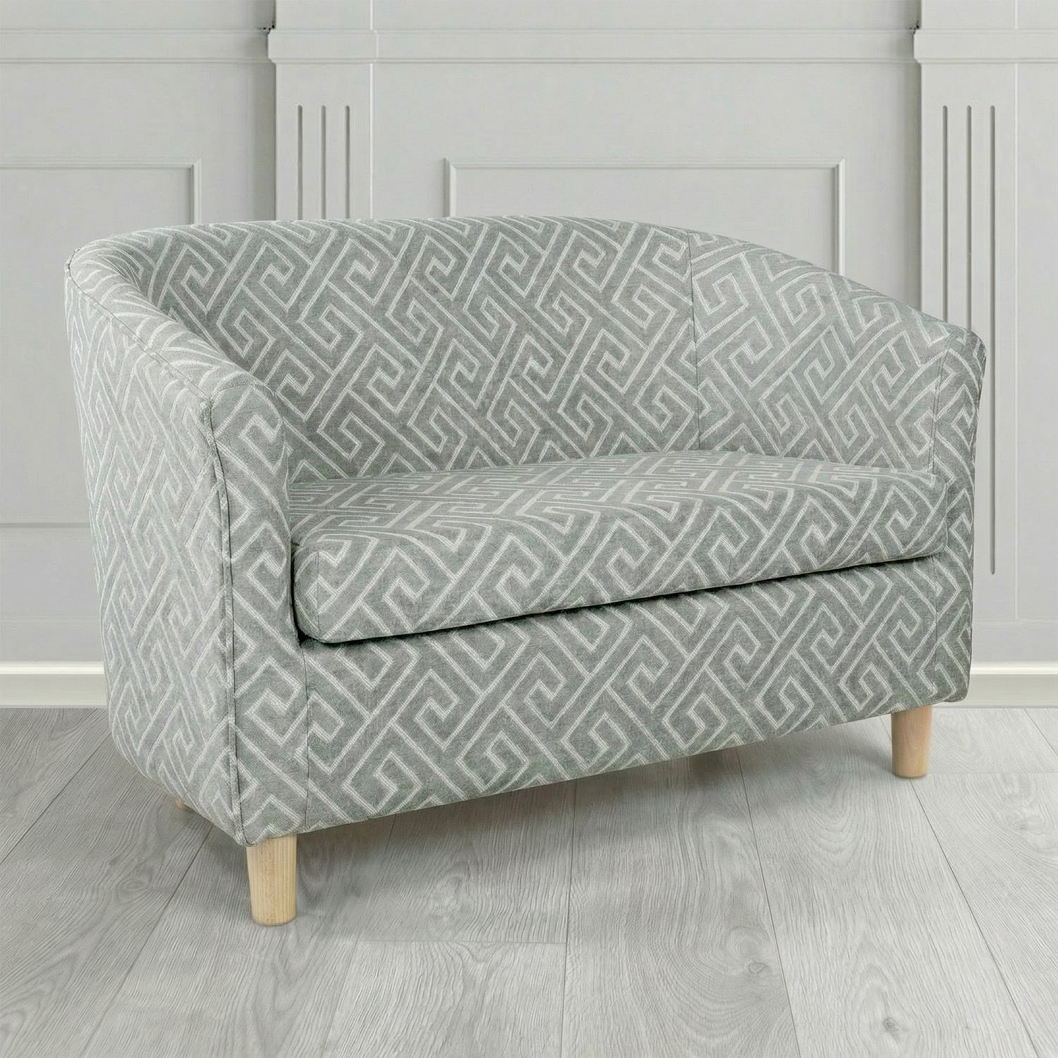Tuscany 2 Seater Tub Sofa in Cristina Marrone Extravaganza Greek Key Geometric Fabric